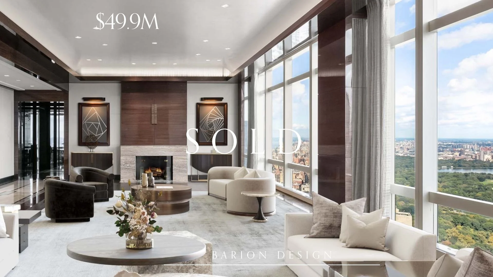 Luxury living room with large windows overlooking city and park, modern furniture, fireplace, and artwork