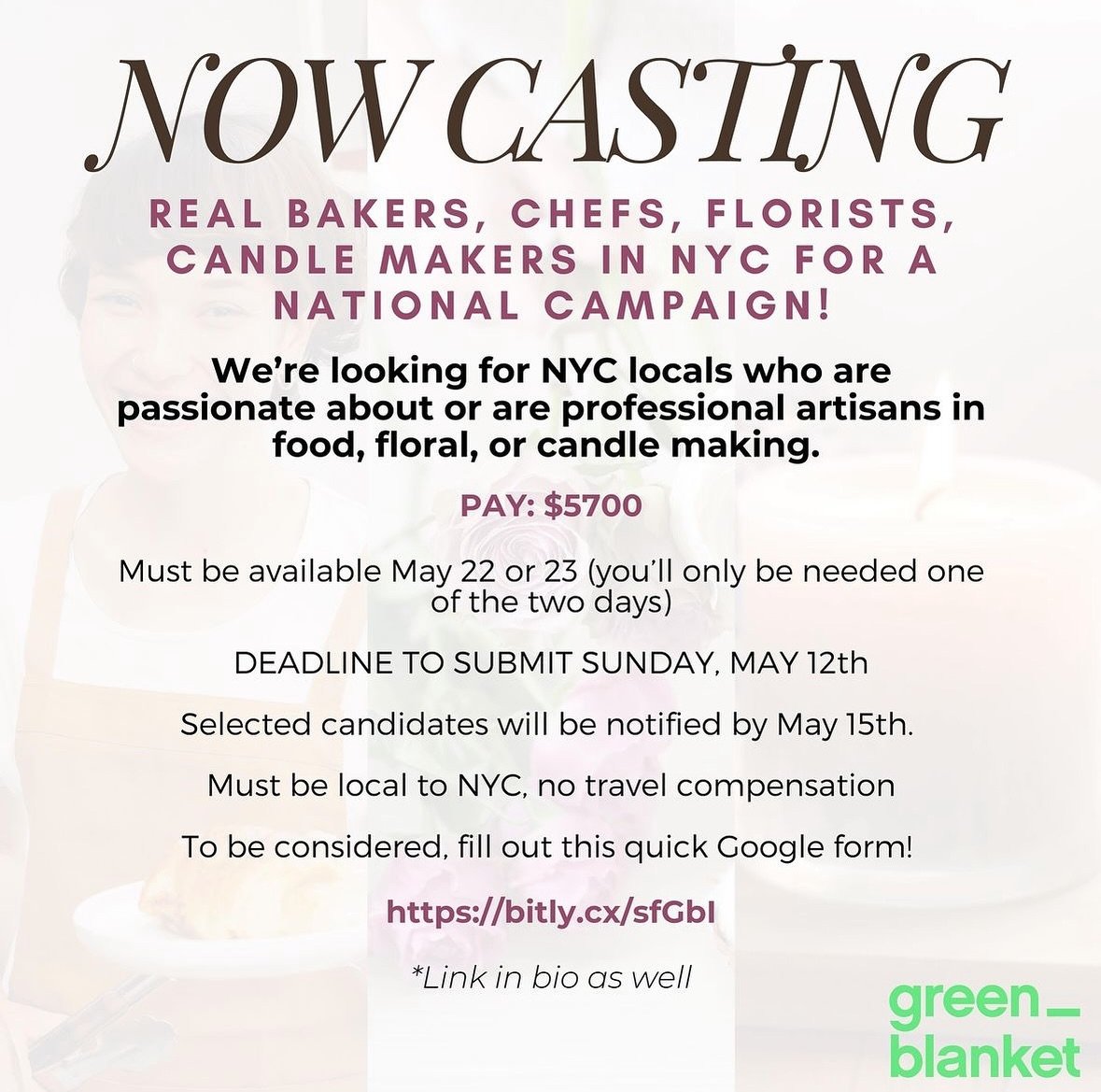 🚨 Excited to share this casting call for @beccacastsunscripted. Looking for bakers, chefs, florists and candle makers in NYC! Filming 5/22 or 5/23. Pay is $5700.

🕰️ Deadline is Sunday 5/12! So get your application in ASAP. Tell &lsquo;em Jax sent 