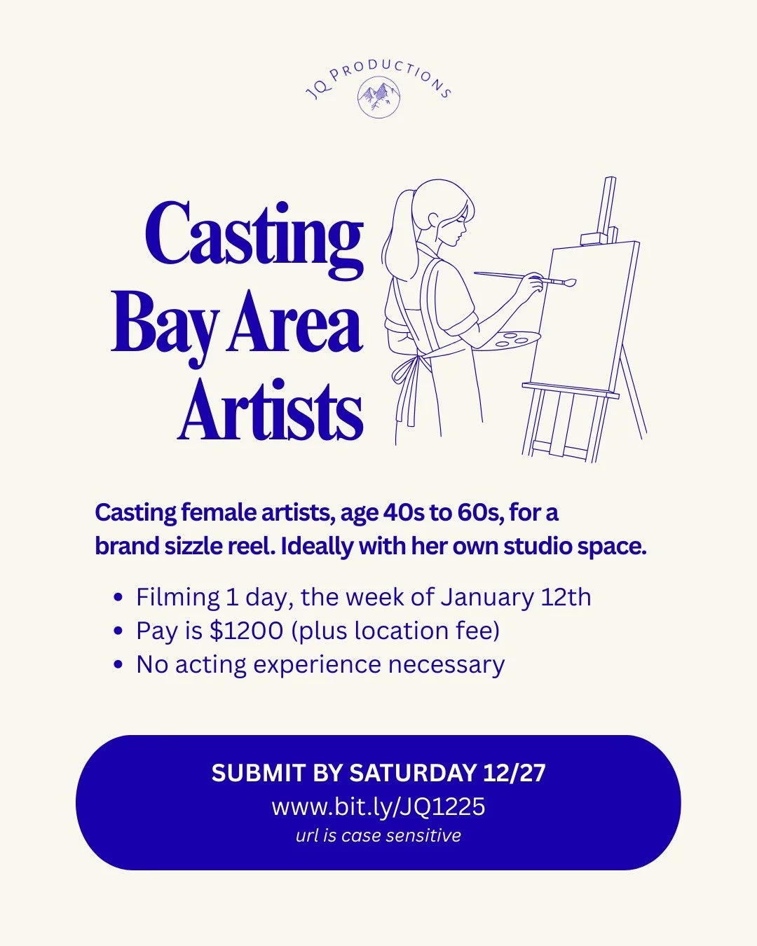 🎬 𝗕𝗔𝗬 𝗔𝗥𝗘𝗔 𝗖𝗔𝗦𝗧𝗜𝗡𝗚 𝗖𝗔𝗟𝗟 🎬
We're looking for real artists (preferably with their own art space/studio) for a visually driven brand sizzle reel. No acting experience necessary.

📍Filming in the SF Bay Area
💰$1200 (plus location fe