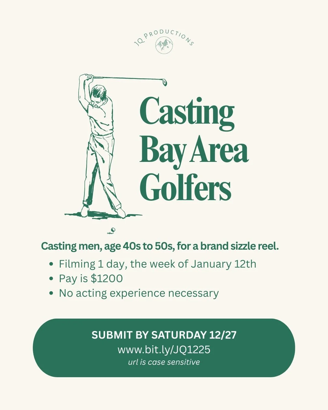 🎬 𝗕𝗔𝗬 𝗔𝗥𝗘𝗔 𝗖𝗔𝗦𝗧𝗜𝗡𝗚 𝗖𝗔𝗟𝗟 🎬
We're looking for real golfers (any level of experience) for a visually driven brand sizzle reel. No acting experience necessary.

📍Filming in the SF Bay Area
💰$1200 
🎥 Shoots one day, the week of 1/12