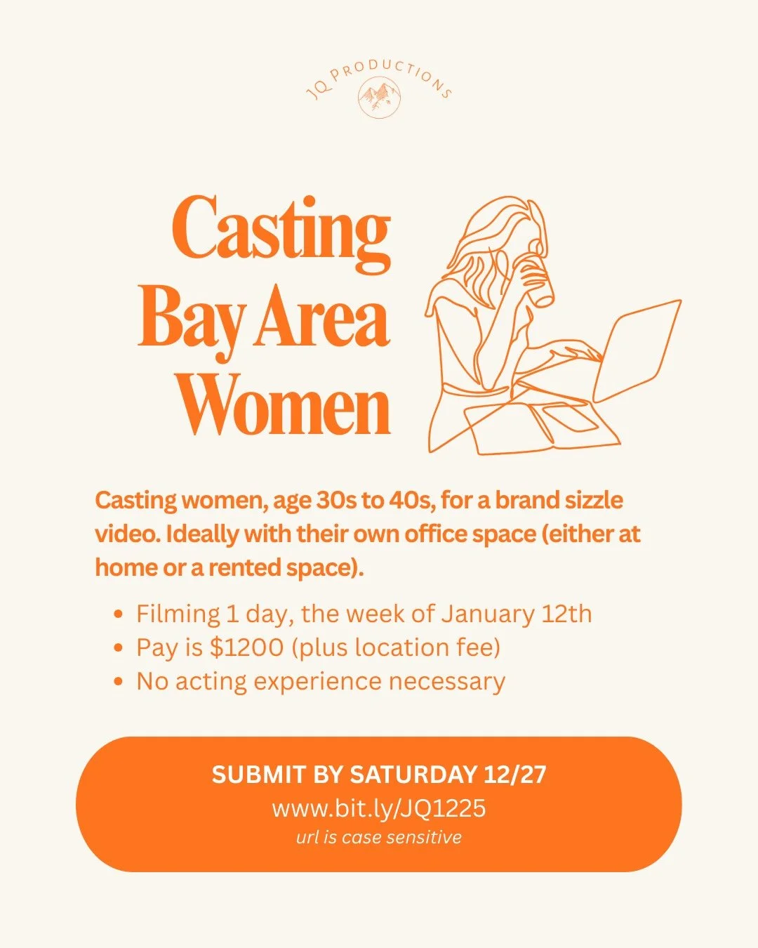 🎬 𝗕𝗔𝗬 𝗔𝗥𝗘𝗔 𝗖𝗔𝗦𝗧𝗜𝗡𝗚 𝗖𝗔𝗟𝗟 🎬
Still casting women in their 30s to 40s - no acting experience necessary. Ideally, you will have your own office space (at home or rented). 

📍Filming in the SF Bay Area
💰$1200 (plus location fee, if ap