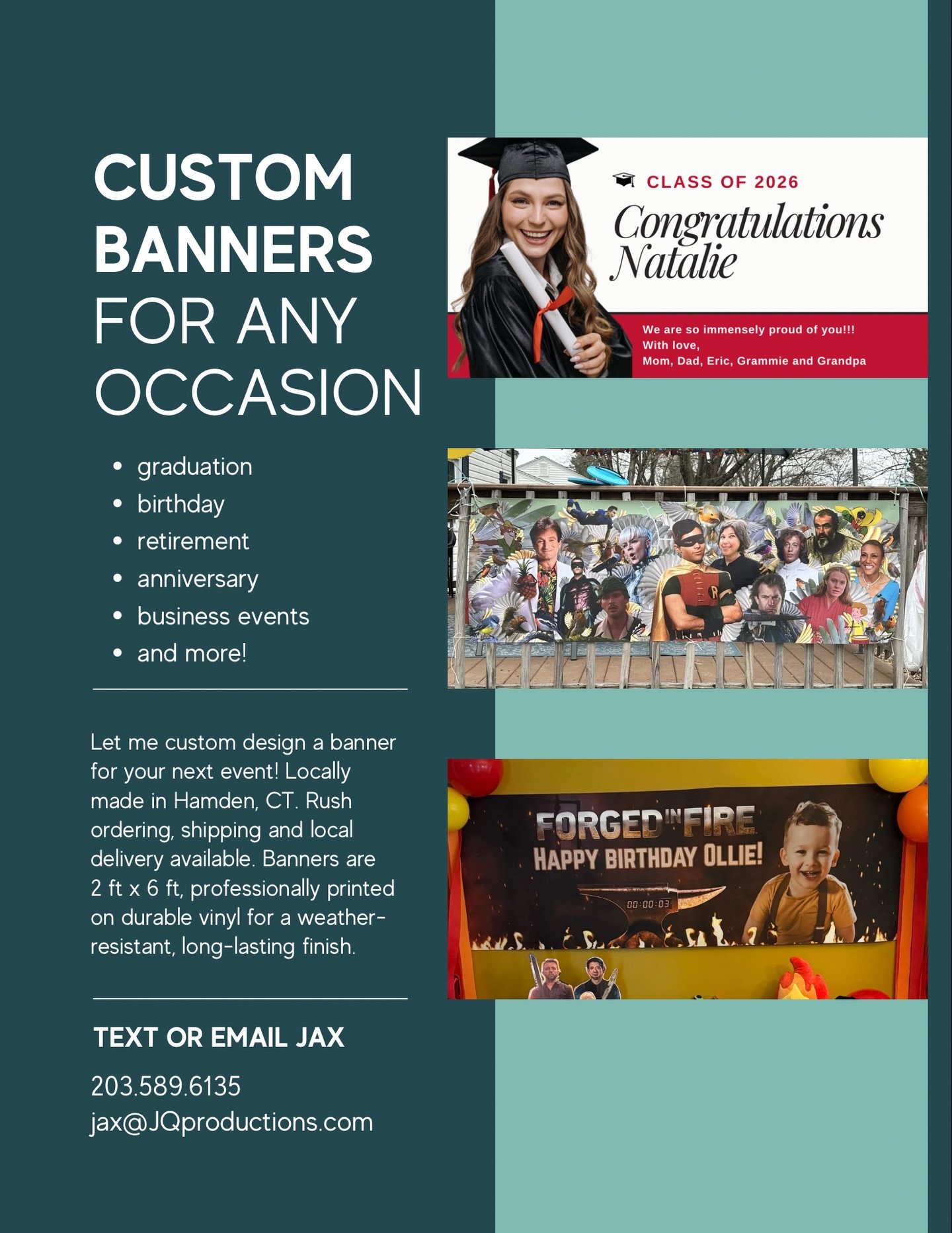 Soft launch of a new side hustle - custom banners! 💫

🖼️ Custom Designs 
🖨️Professional Printing 
📏2ft x 6ft Vinyl Banners
🌧️Weather Durable 
⏰ Rush Orders Available 
📦 Local Delivery in CT &amp; Shipping

📩 DM, text or email!
📱 203-589-6135 