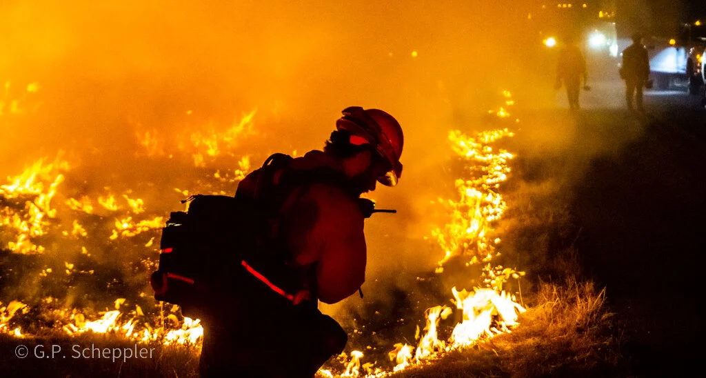  Kern Valley Inter Agency Hot Shots Crew clear a burn line along Chotoni Coast Dairies Ridge. This is the tip of the spear in the battle to save Davenport being waged by the Bureau of Land Management & Cal Fire. This crew is made up of Cal Fire Crew 