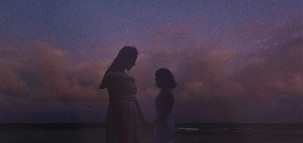 Silhouettes of two women holding hands on a beach during sunset with a purple and pink sky.