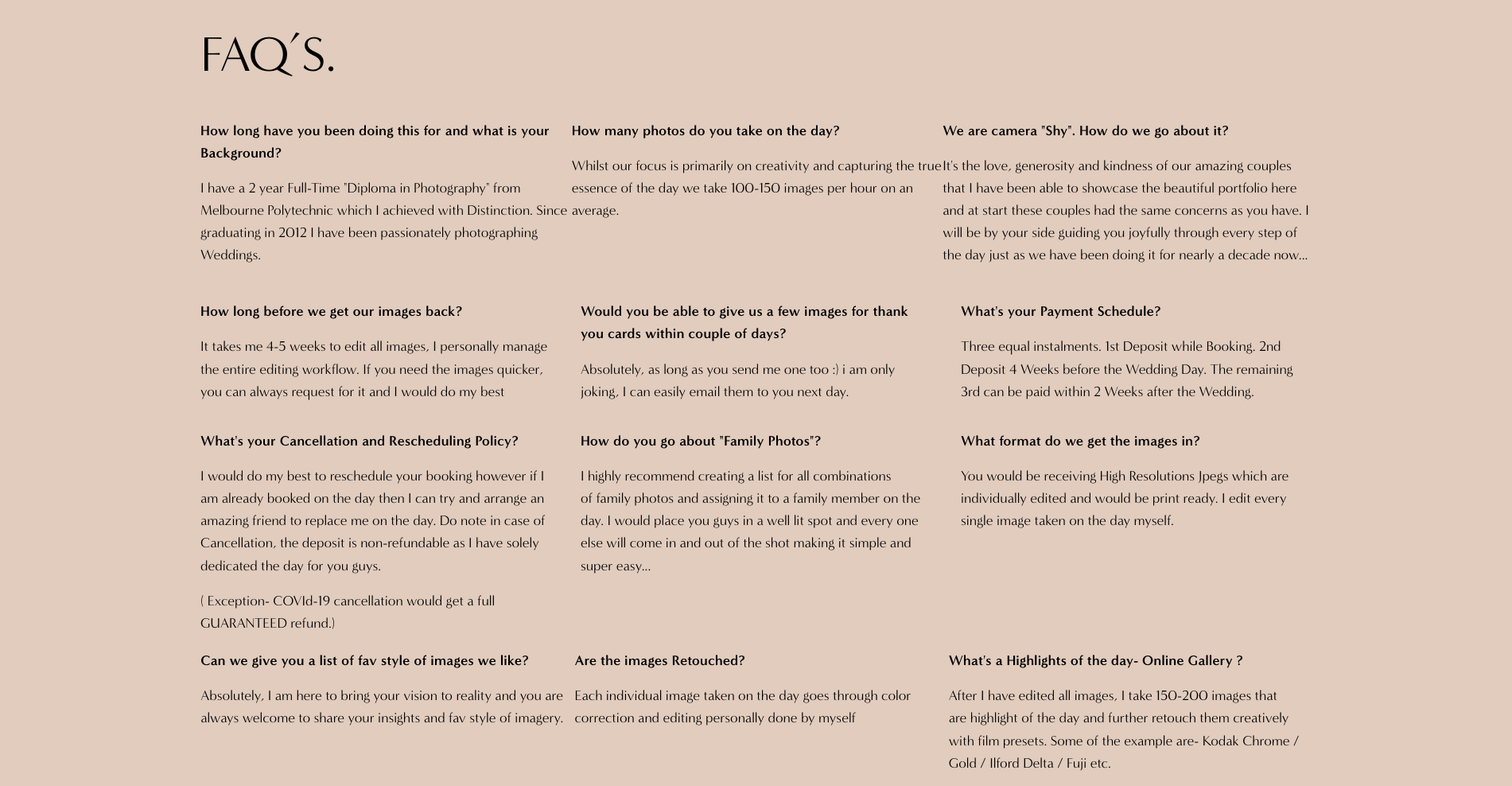 Image of a FAQ section for wedding photography service detailing background, photo quantity, client tips, image delivery timeframe, cancellation policy, payment schedule, image format, and editing process.