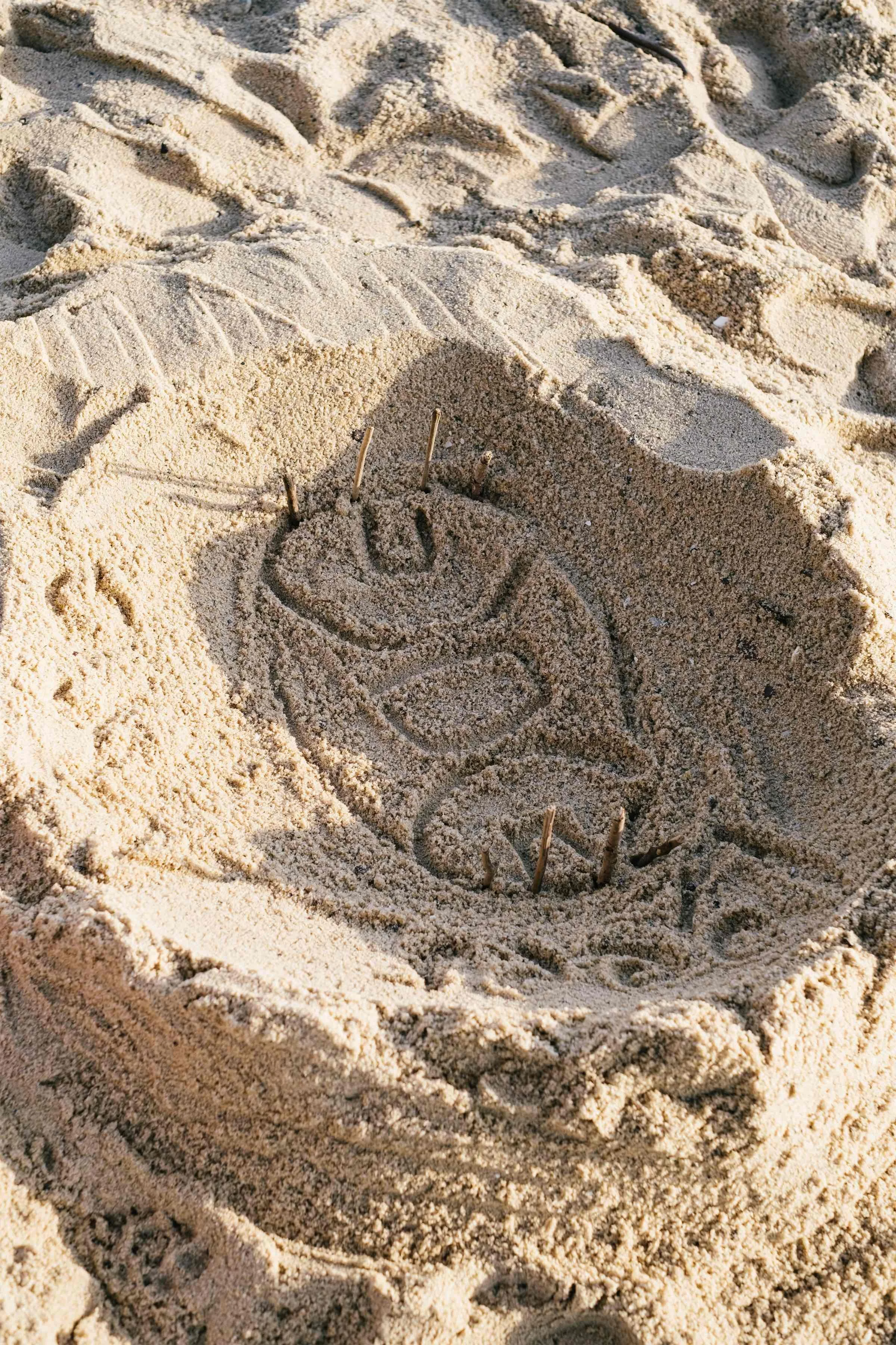 A smiley face drawn in the sand with small sticks in a marked circle at the beach.