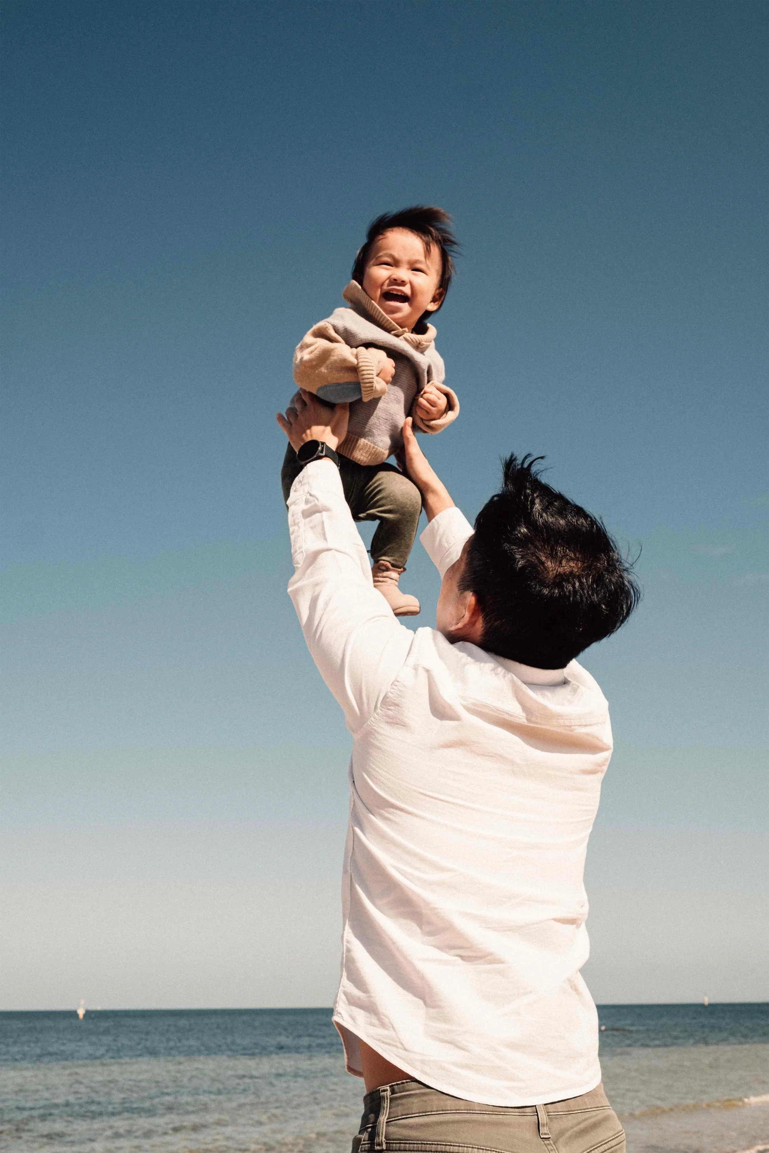 A man lifting a young boy into the air on a beach, both smiling and playing. The ocean and a clear blue sky are visible in the background.