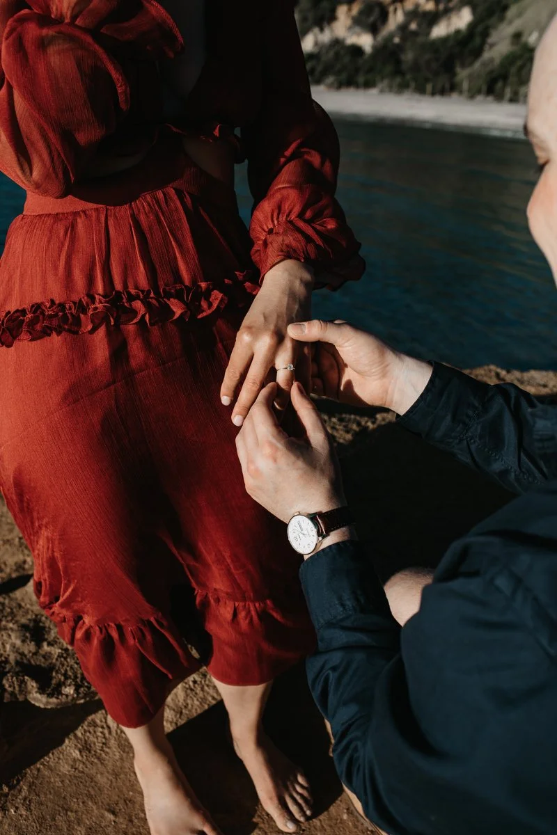 A man is proposing marriage to a woman by placing a ring on her finger outdoors near water.