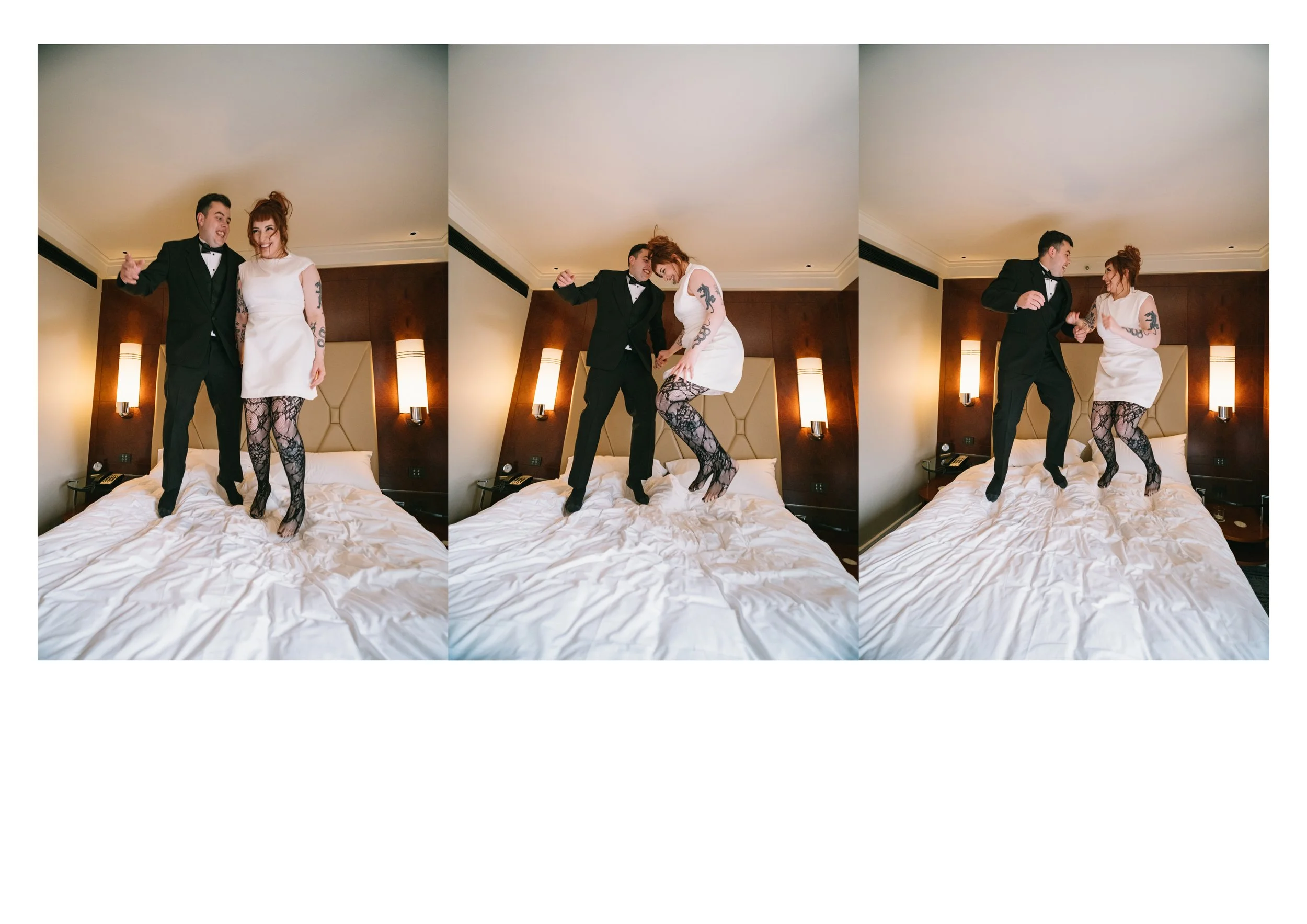 Three photos of a man in a tuxedo and a woman in a white dress and lace stockings dancing and jumping on a hotel bed in a hotel room with dark wood headboard and wall-mounted lamps.