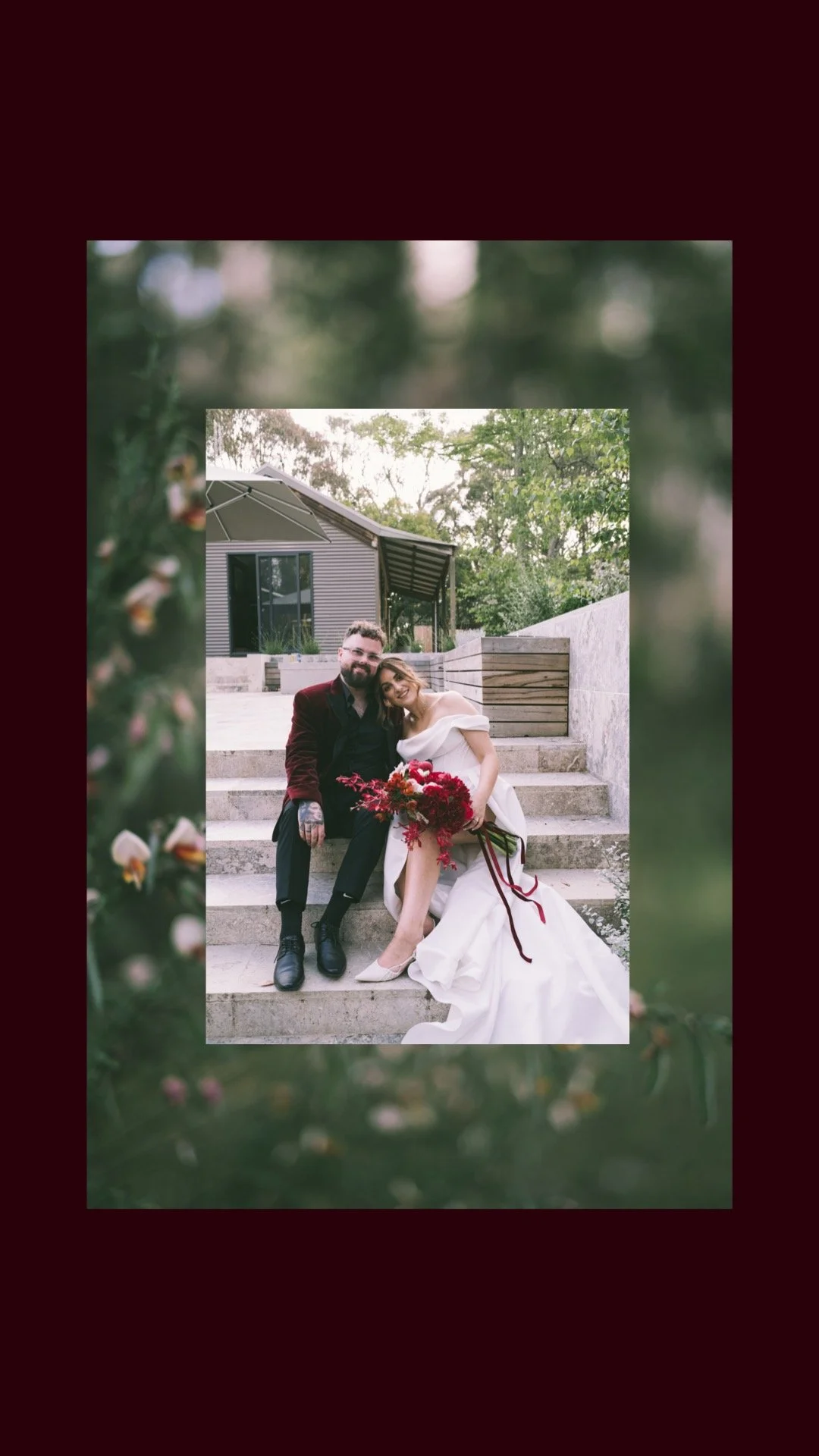 BRIDE LEANING HER SHOULDERS ON THE GROOM ON THE STEPS OF A PRIVATE PROPERTY IN MACEDON RANGES AFTER THEIR ELOPEMENT WEDDING