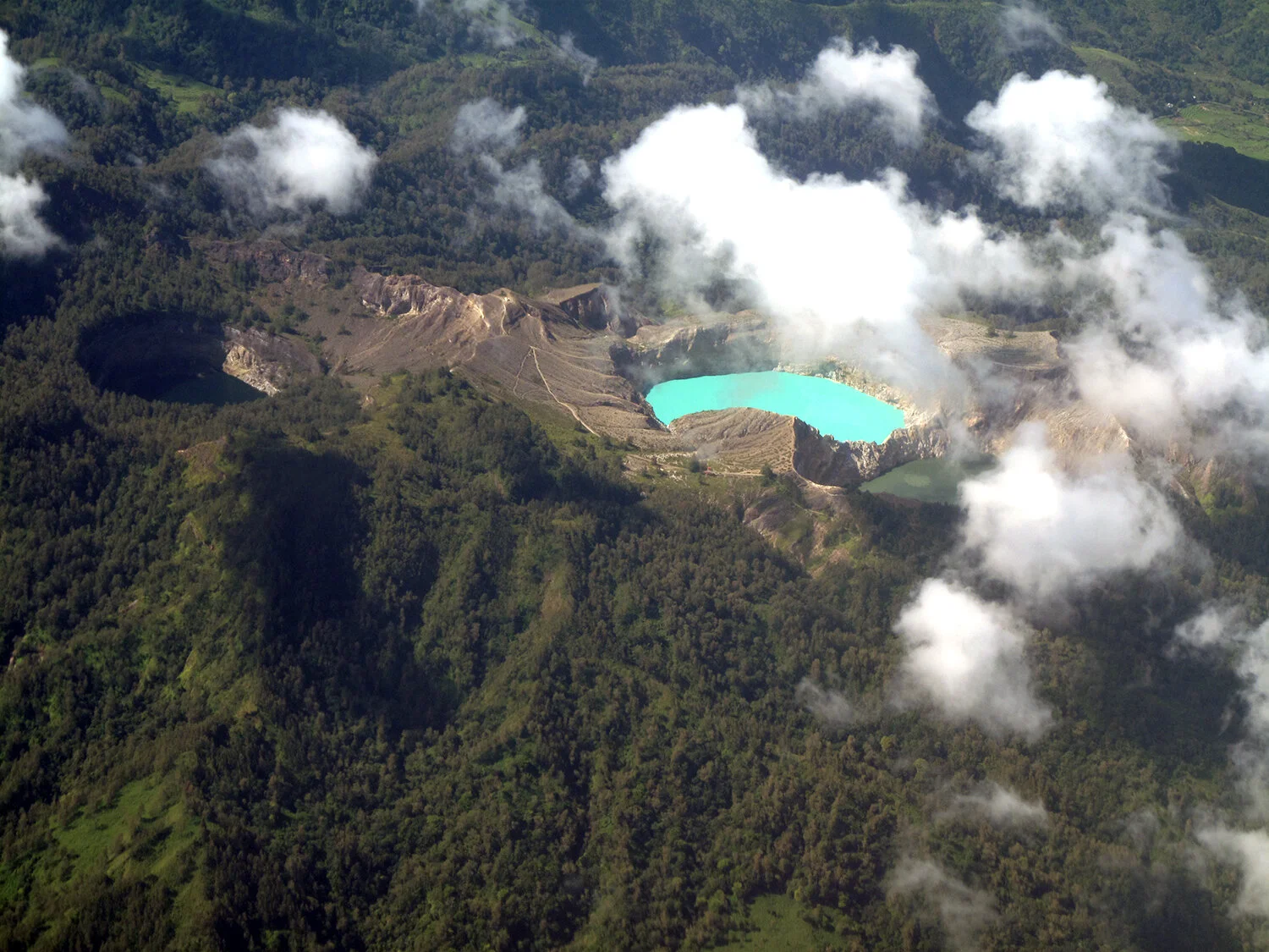 The three famous lakes in the crater are shown here.