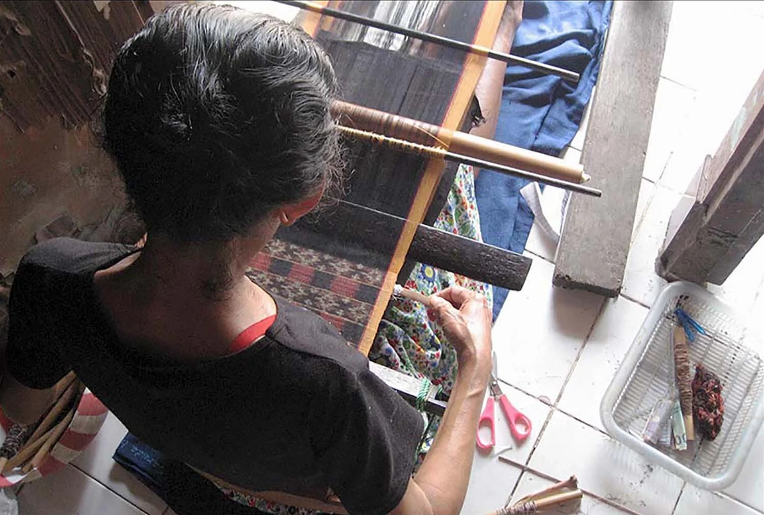 Double ikat made on a backstop loom in Tenganan area of Bali is a rare sight