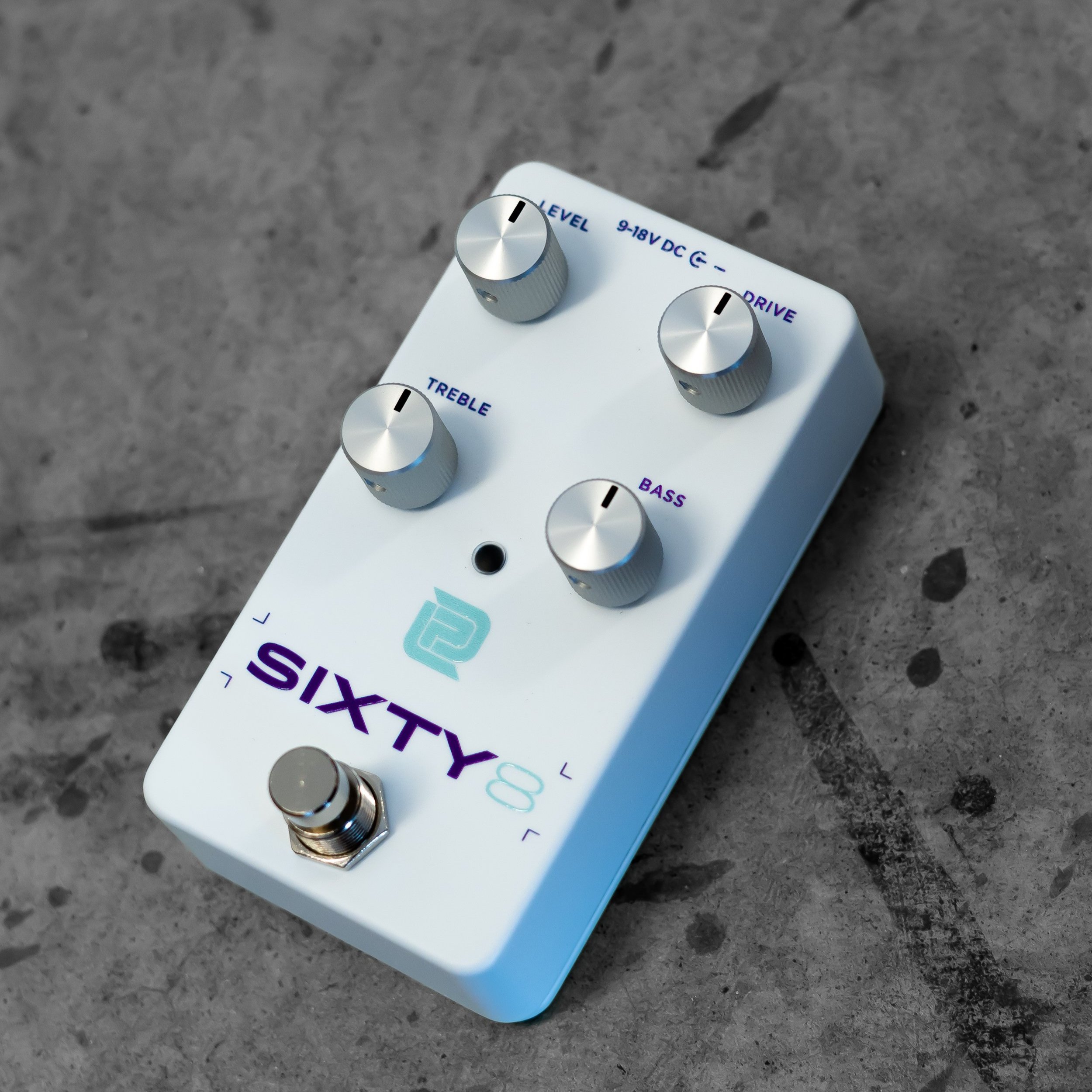 LPD Sixty8 Guitar Pedal - White body with teal logo and purple labels Overdrive Pedal with Distinctive Design