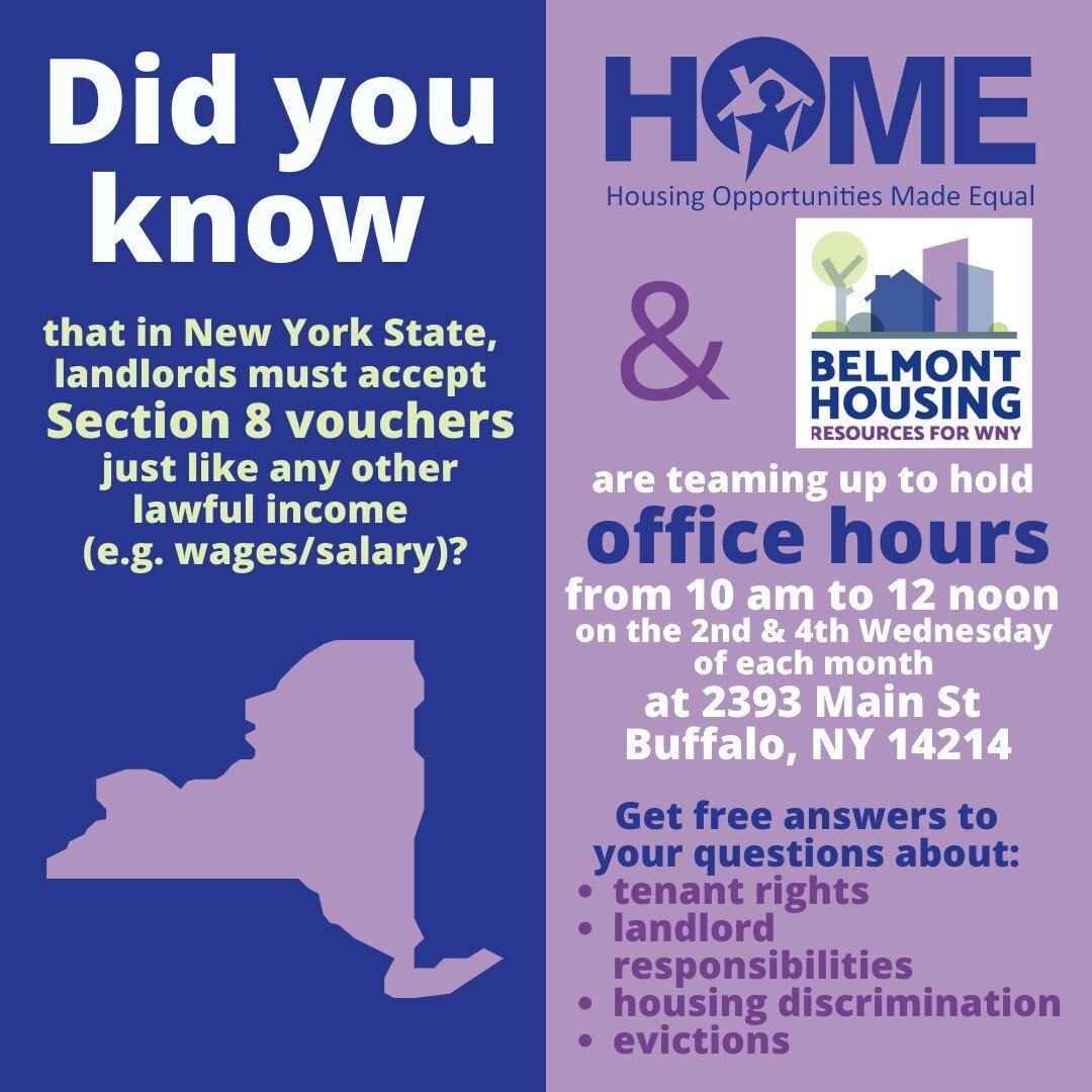 ✨🌳🏘️ Dear #BuffaloNY, did you know that in NYS, landlords must accept Section 8 vouchers just like any other lawful income (e.g. wages)? 

HOME and Belmont Housing are teaming up to offer office hours from 10 am to 12 noon on the second and fourth 