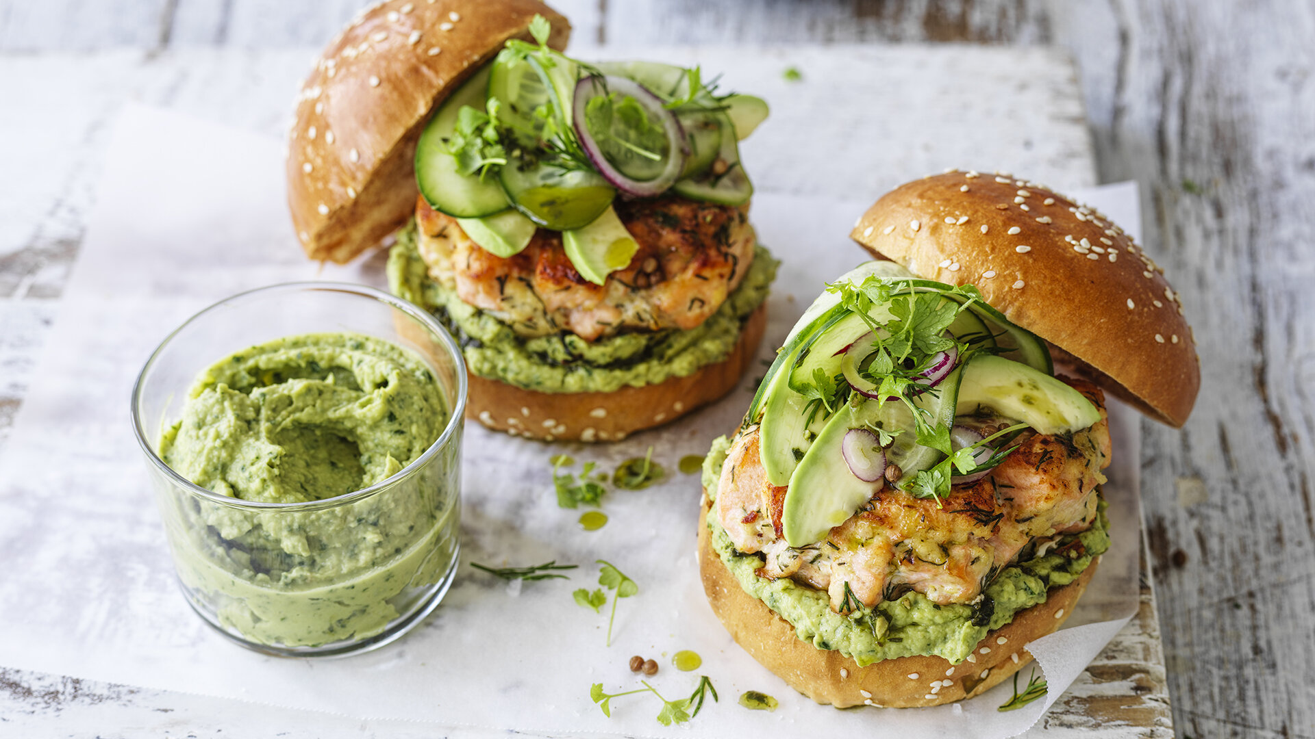 BBQ SALMON &amp; DELCADO BURGERS WITH DELCADO HUMMUS AND PICKLED CUCUMBER