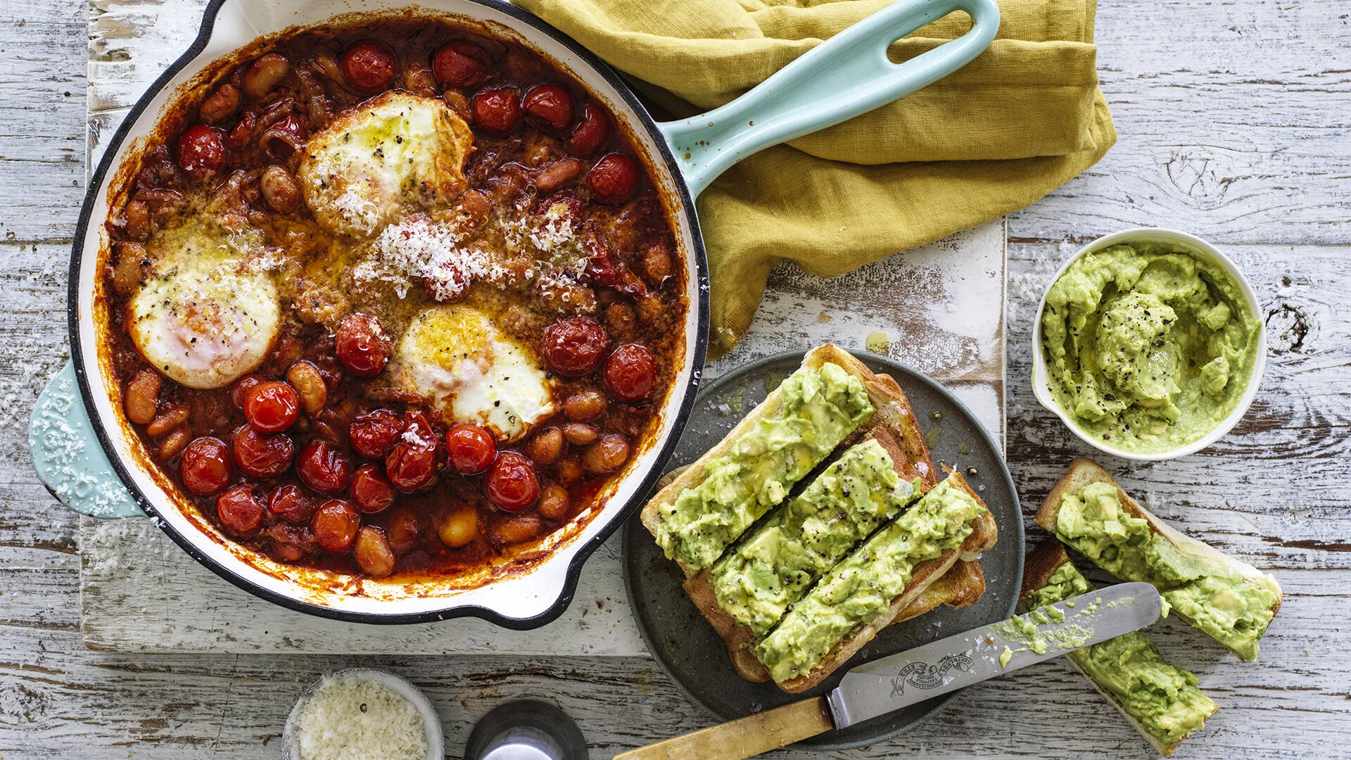 DELCADO SOLDIERS WITH MAPLE ROASTED BEANS AND BAKED EGGS