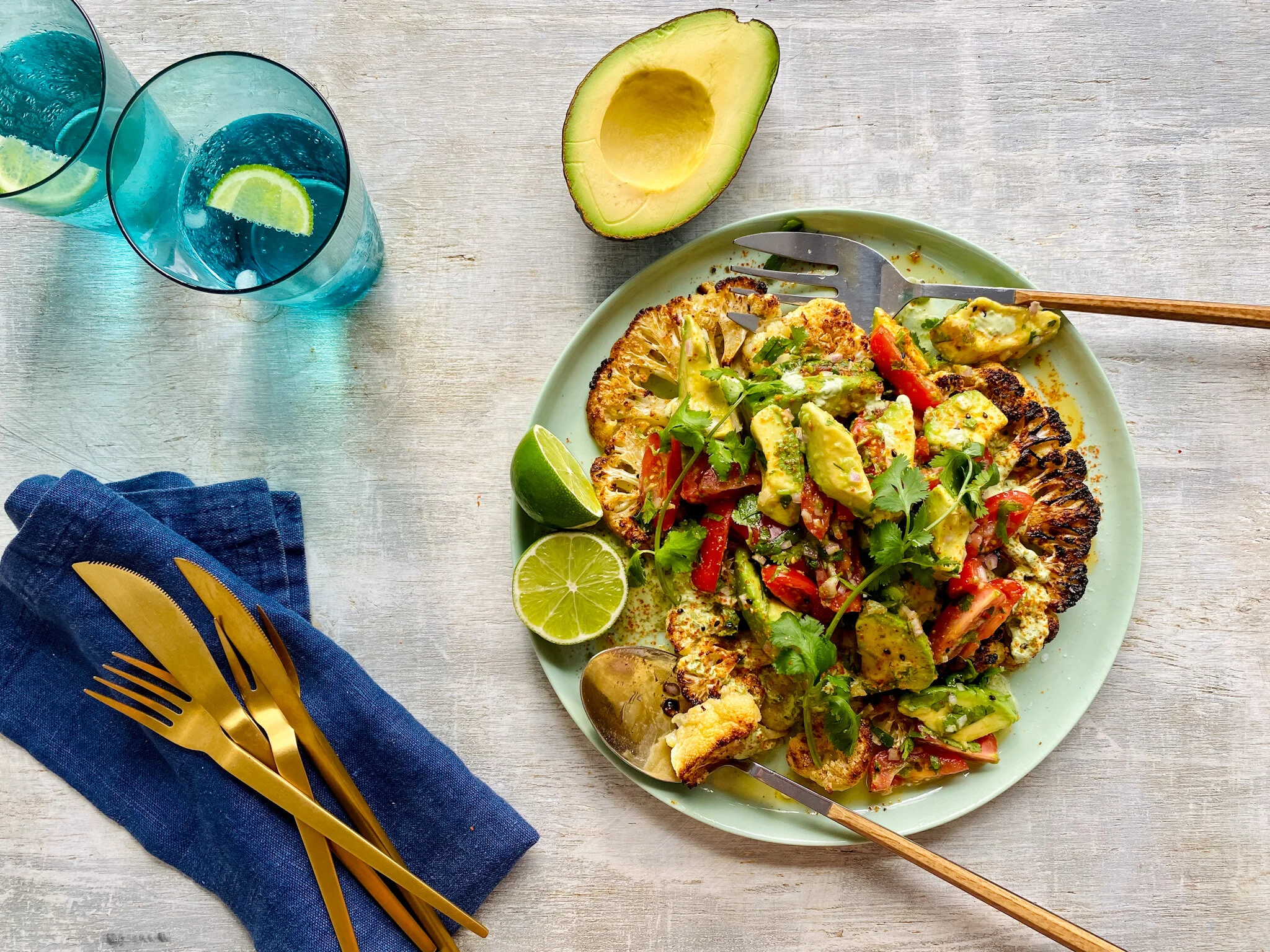 TOM WALTON’s MEXICAN ROAST CAULIFLOWER STEAKS WITH DELCADO SALSA AND HERB CREME