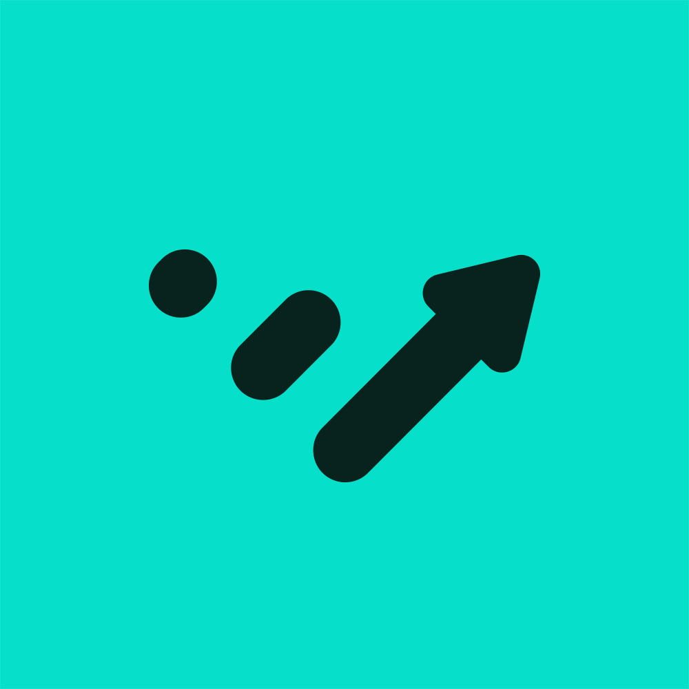 Black icon of an arrow pointing diagonally upward to the right, with two ovals and a circle to the left, on a turquoise background.