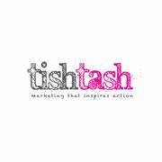 Logo with the text 'tishtash' in black and pink, with the tagline 'marketing that inspires action' in pink