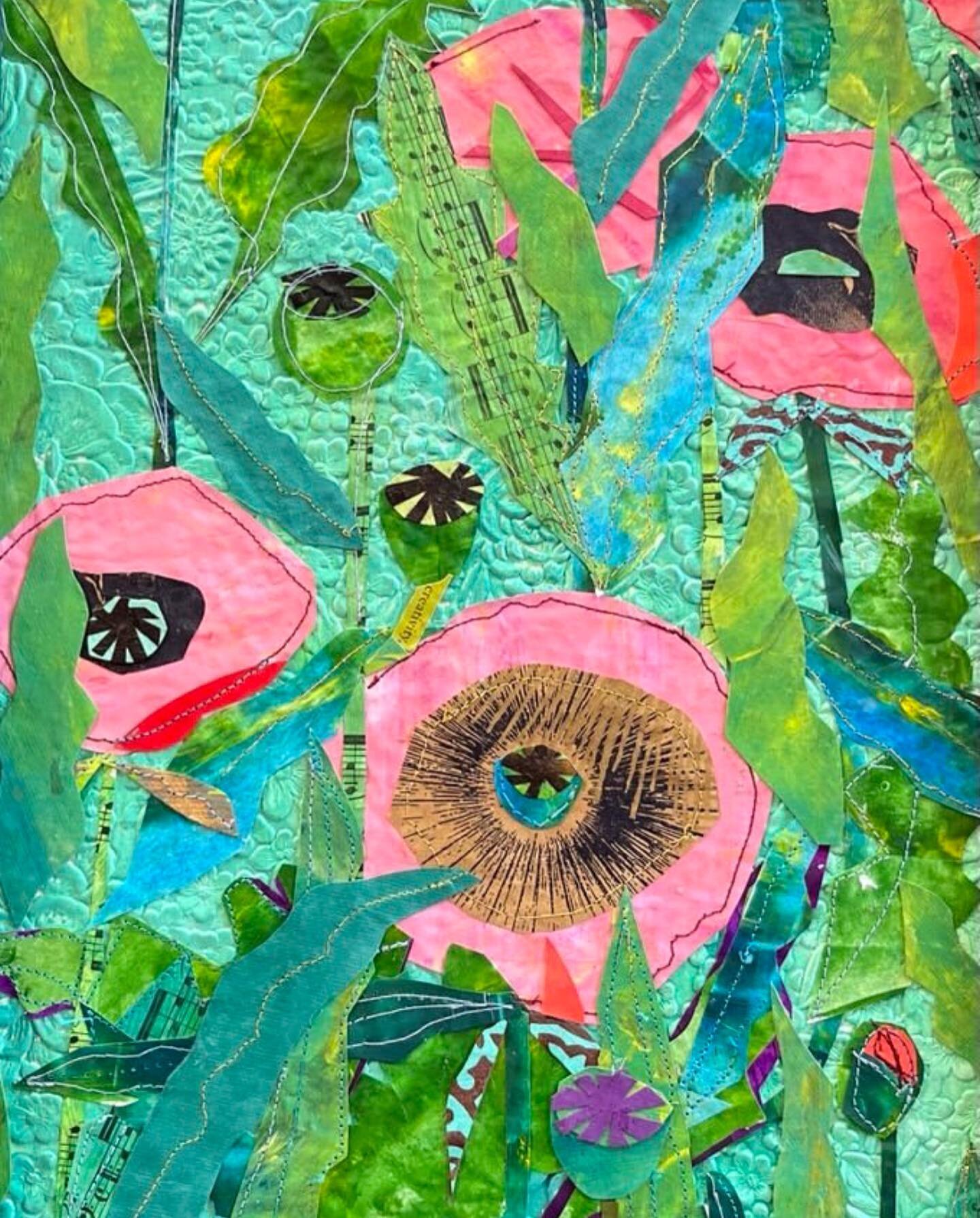 Finding Hope in the Garden (detail), paper collage 9.5&rdquo; x 19.5&rdquo; by our member Kerry Stone @famstone5 
~Swipe to see the full art work framed~

~
#wmass #papercollage #paperartist #flowerwallart #pioneervalley #newenglandart #madeinmassach