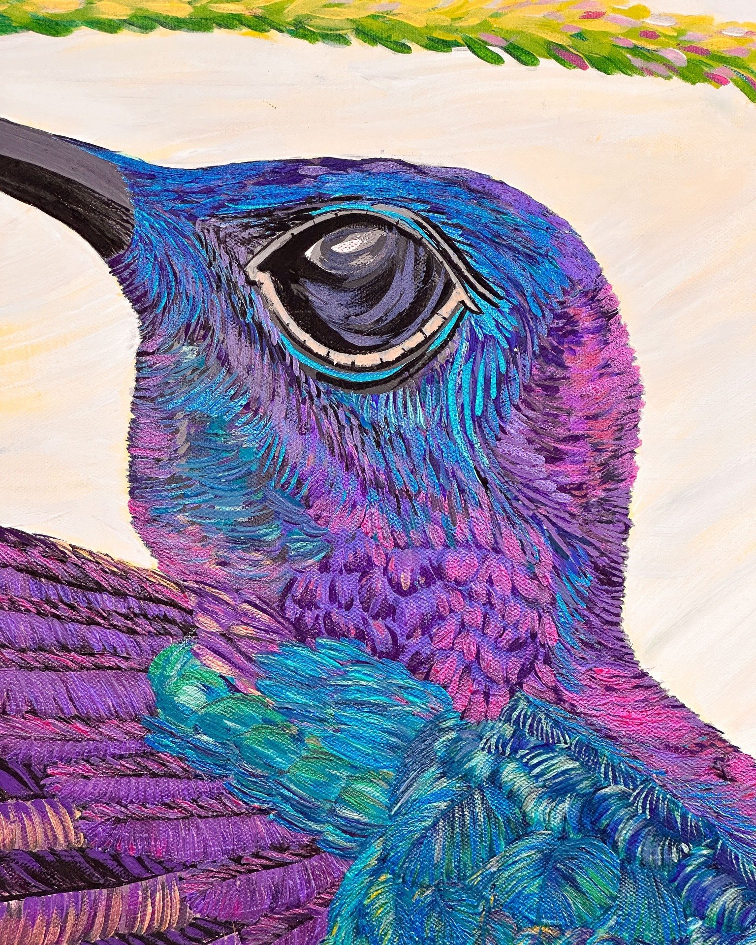 Transform your space into a vivid gallery with &lsquo;Colibr&iacute; Sapphire.&rsquo; A lush, colorful 24x36 inches acrylic on canvas painting. Perfect for the maximalist collector seeking a unique statement.

Let this vivid portrayal of a hummingbir