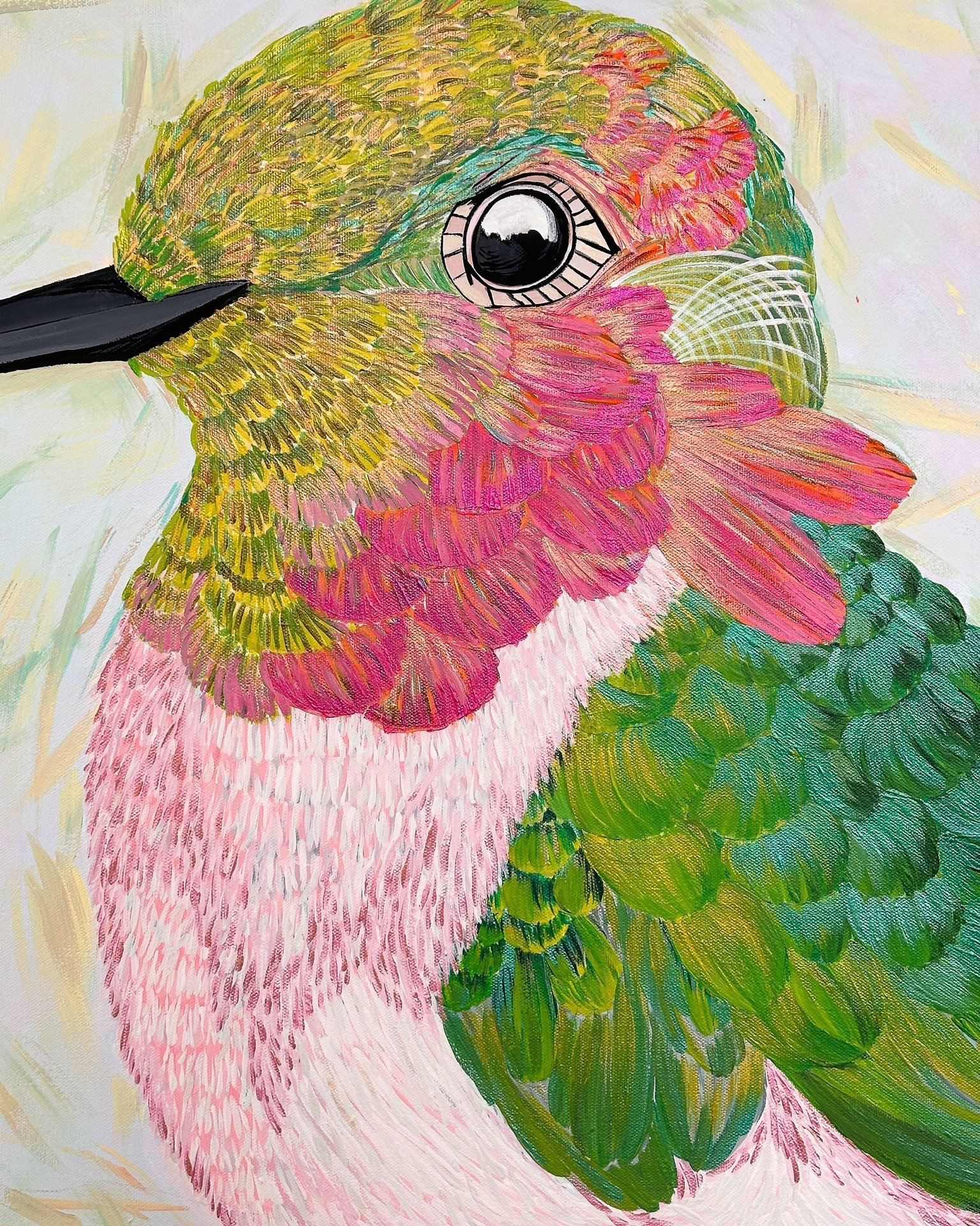 The watchful eye of a colibr&iacute; invites you to pause and enjoy the moment. 

&ldquo;Colibr&Iacute; Graze&ldquo; is an 24x36 inches acrylic on canvas that  encapsulates the spirit of a hummingbird through vibrant colors and peaceful expressions, 