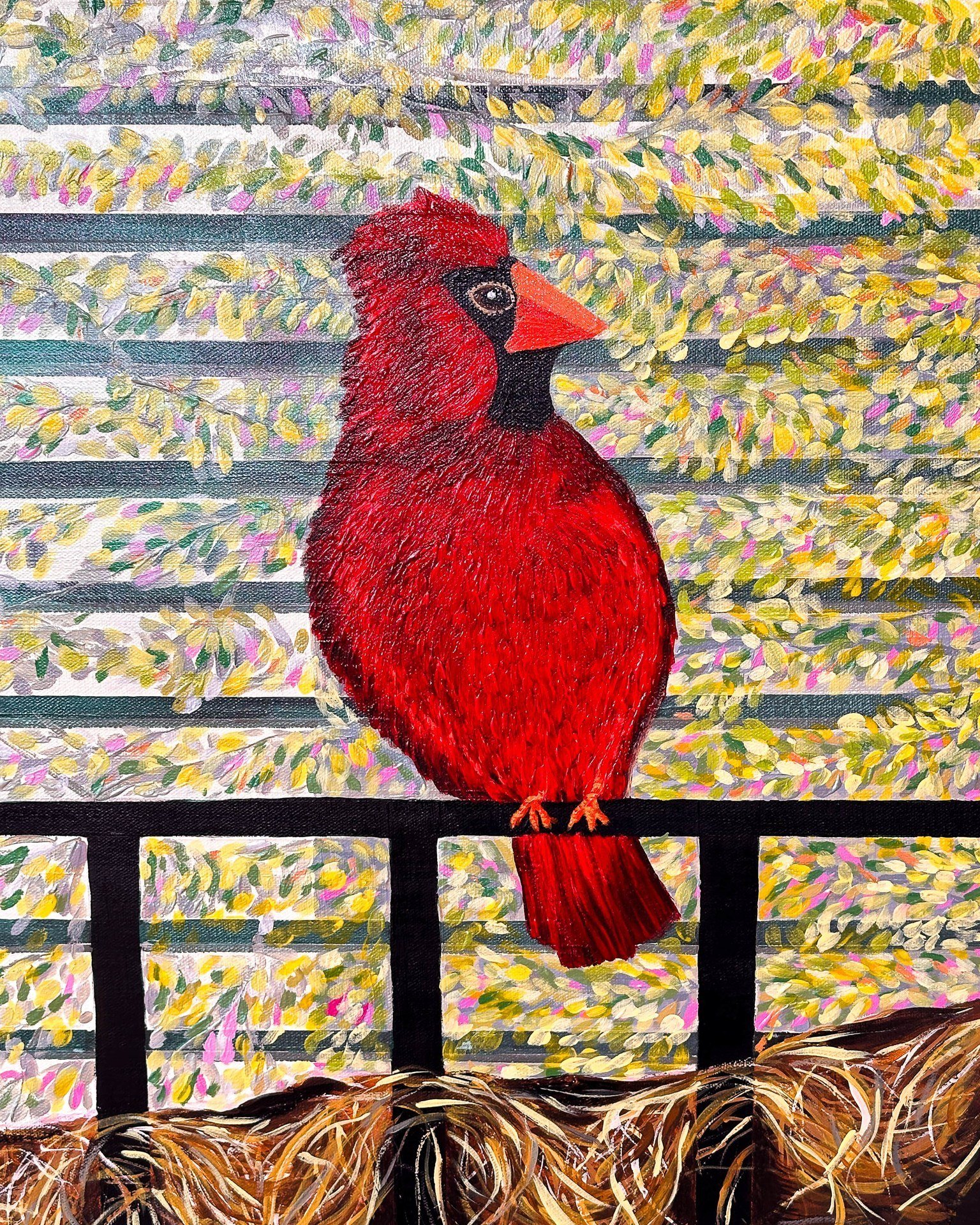 Add a splash of spring to your walls with &lsquo;Red Cardinal in Spring Blossoms.&rsquo; Celebrate the renewal and vitality of nature with this bold and bright maximalist painting. Add this unique piece to your collection today, visit my shop for det