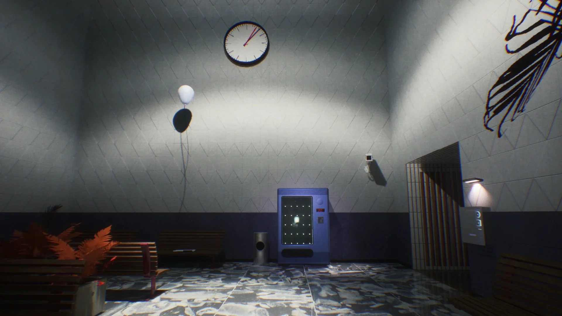 Transit game screenshot: an empty metro waiting room at night with a vending machine, wall clock and balloon