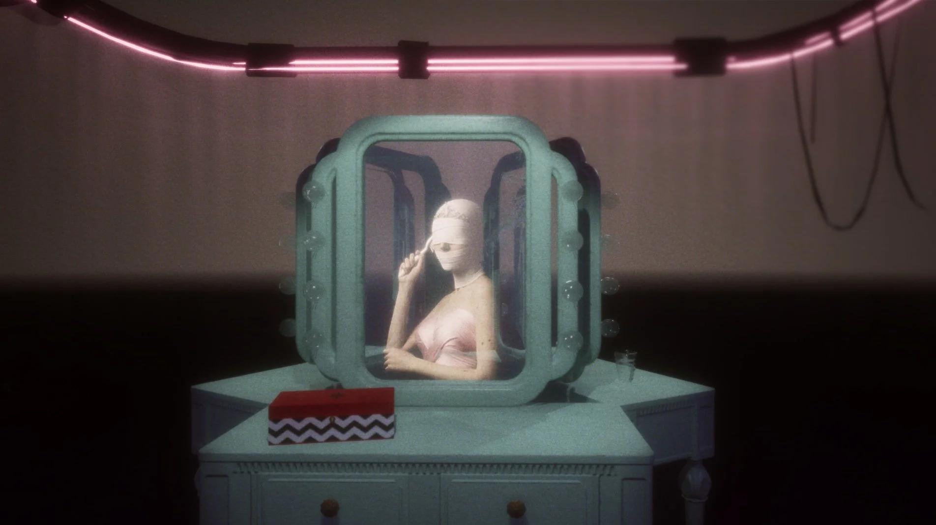 Transit game screenshot: a woman with bandaged eyes and a tiara seated at a vanity mirror under pink neon light