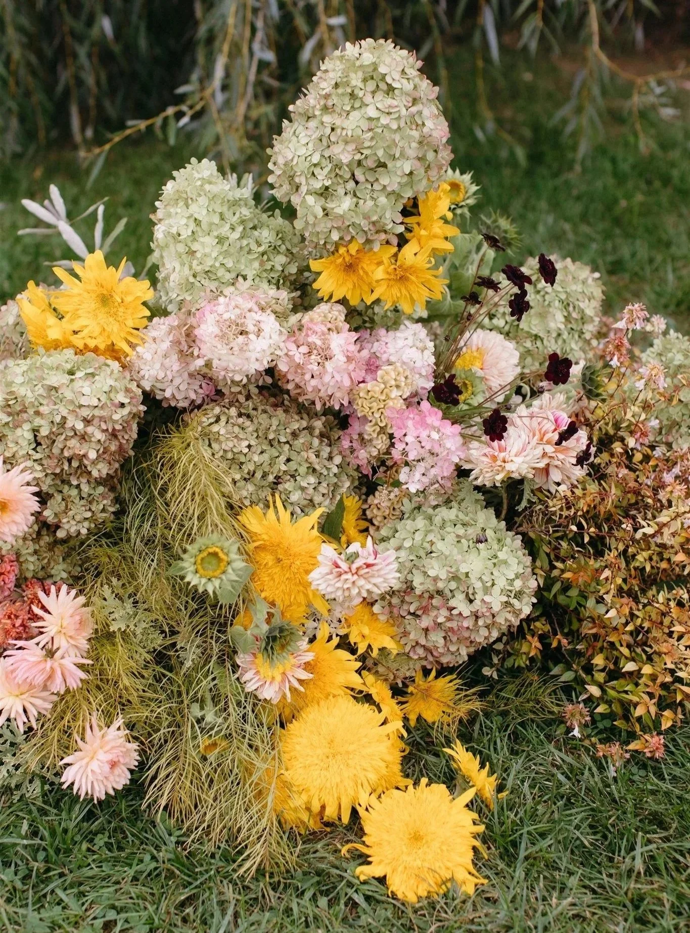 Garden-style floral installation with seasonal blooms