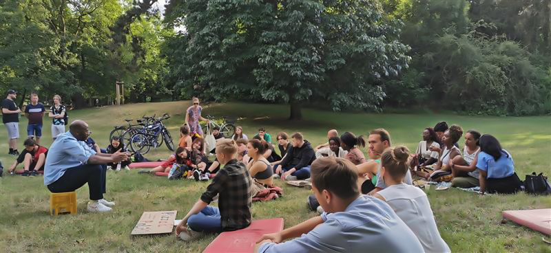 Eine Gruppe von Menschen sitzt auf einer Wiese im Park, um einem Sprechenden zuzuhören. Einige Fahrräder stehen im Hintergrund. Es ist ein sonniger Tag und die Umgebung ist von Bäumen umgeben.