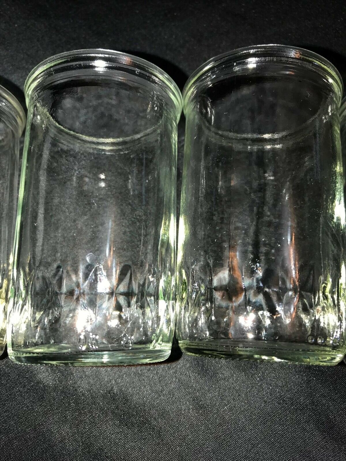 4 vintage jelly jar juice glasses 3.5" tall diamond pattern band bottom MCM Ball 
