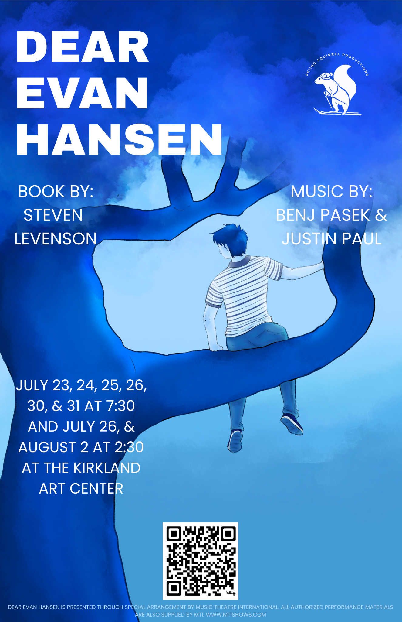 Skiing Squirrel Productions presents Dear Evan Hansen, Jul. 23-25 & Jul. 30-Aug. 1 at 7:30 pm, with a 2:30pm performance Jul. 26 & Aug. 2!