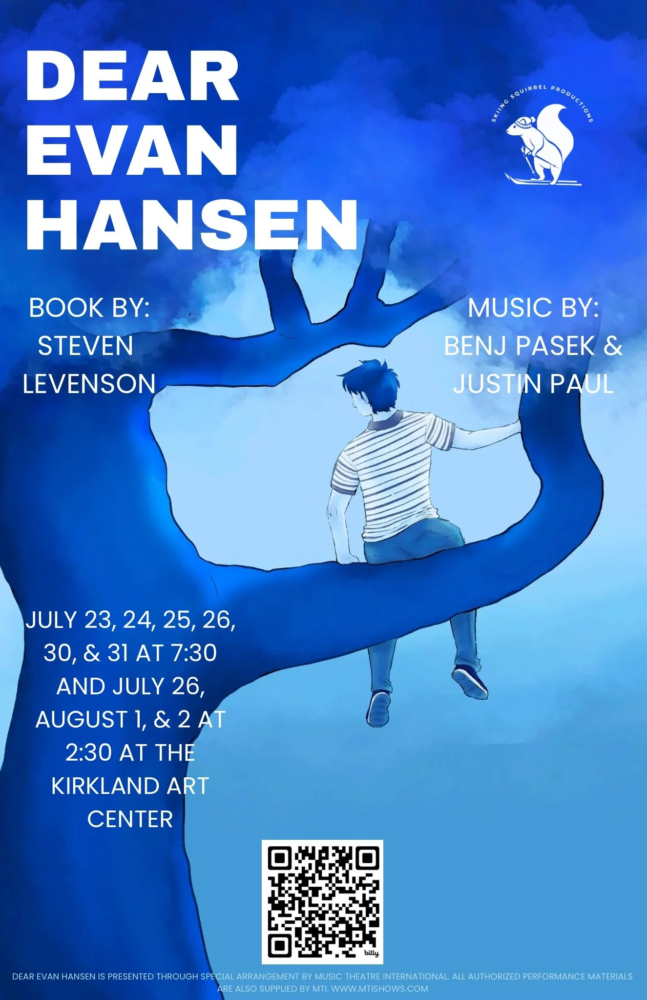 Skiing Squirrel Productions presents Dear Evan Hansen, Jul. 23-25 & Jul. 30-Aug. 1 at 7:30 pm, with a 2:30pm performance Jul. 26 & Aug. 2!