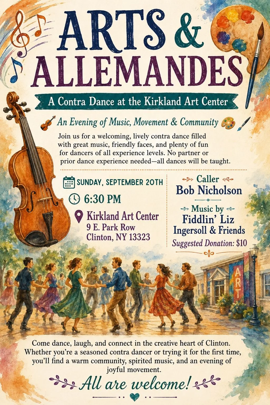 Contra Dancing w/ Bob Nicholson & Fiddlin’ Liz and Friends! Sunday, Sept. 20th, 6:30 pm. Donation at the Door: $10. No partner or experience needed! 