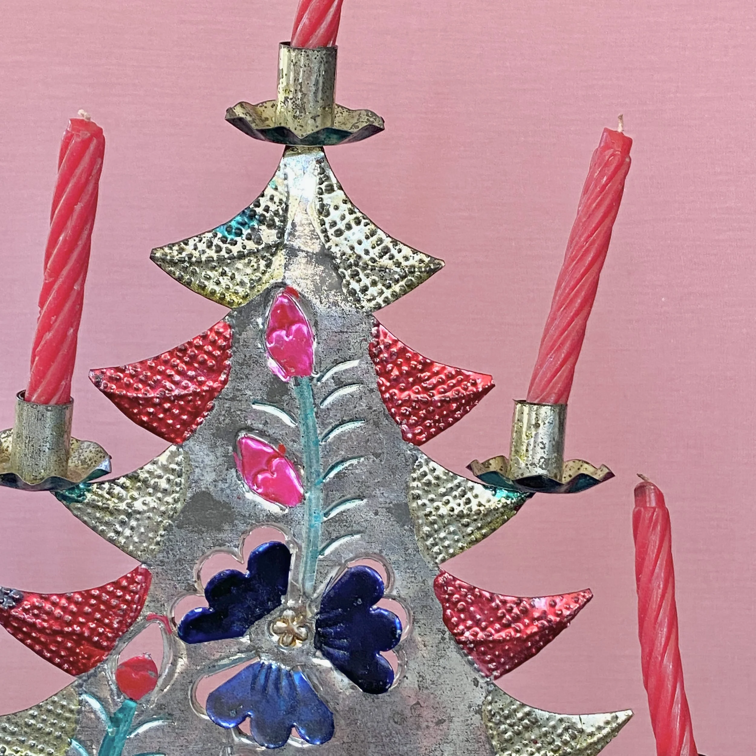Detail of Mexican Christmas Tree, handpainted and holds seven candles