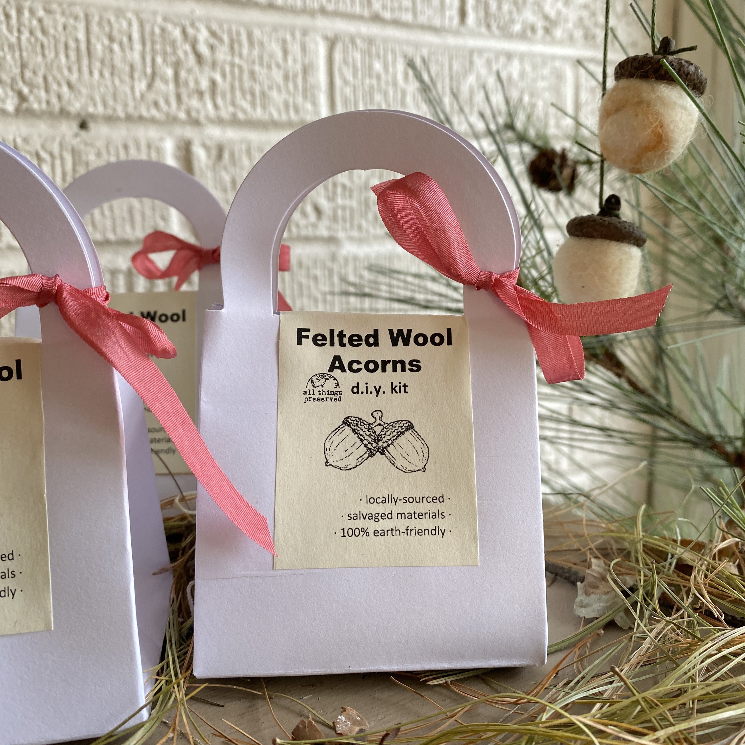 Detail of kit to make your own felted wool acorn ornaments for the holiday