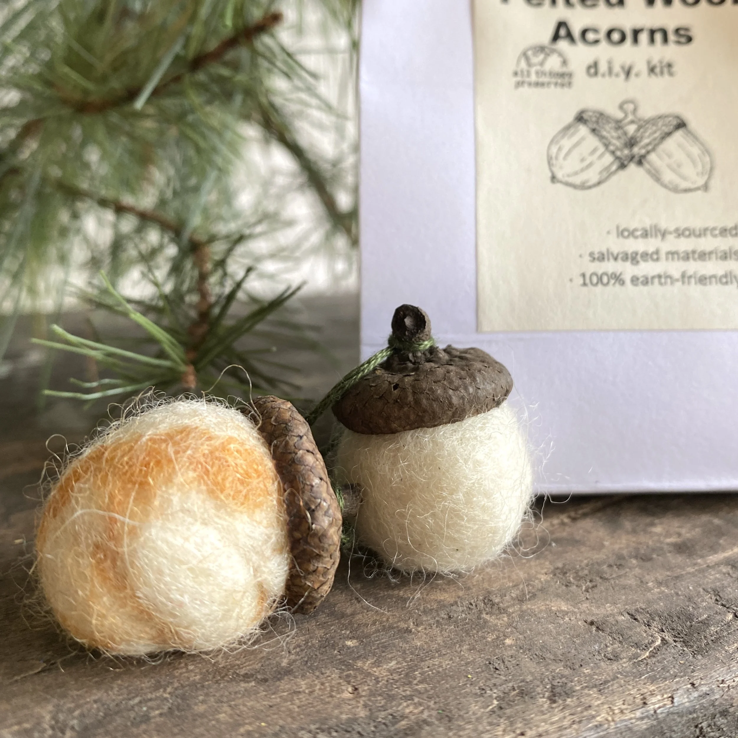 Felted wool acorns, available in a kit to give as a gift or make yourself. 