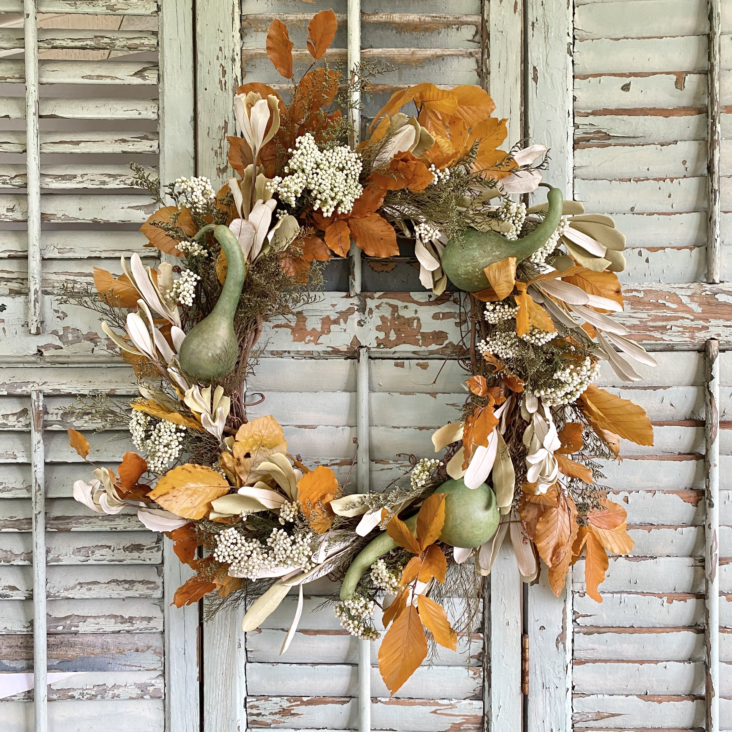 Autumn Preserved Wreath with Aspen Leaves and Gourds