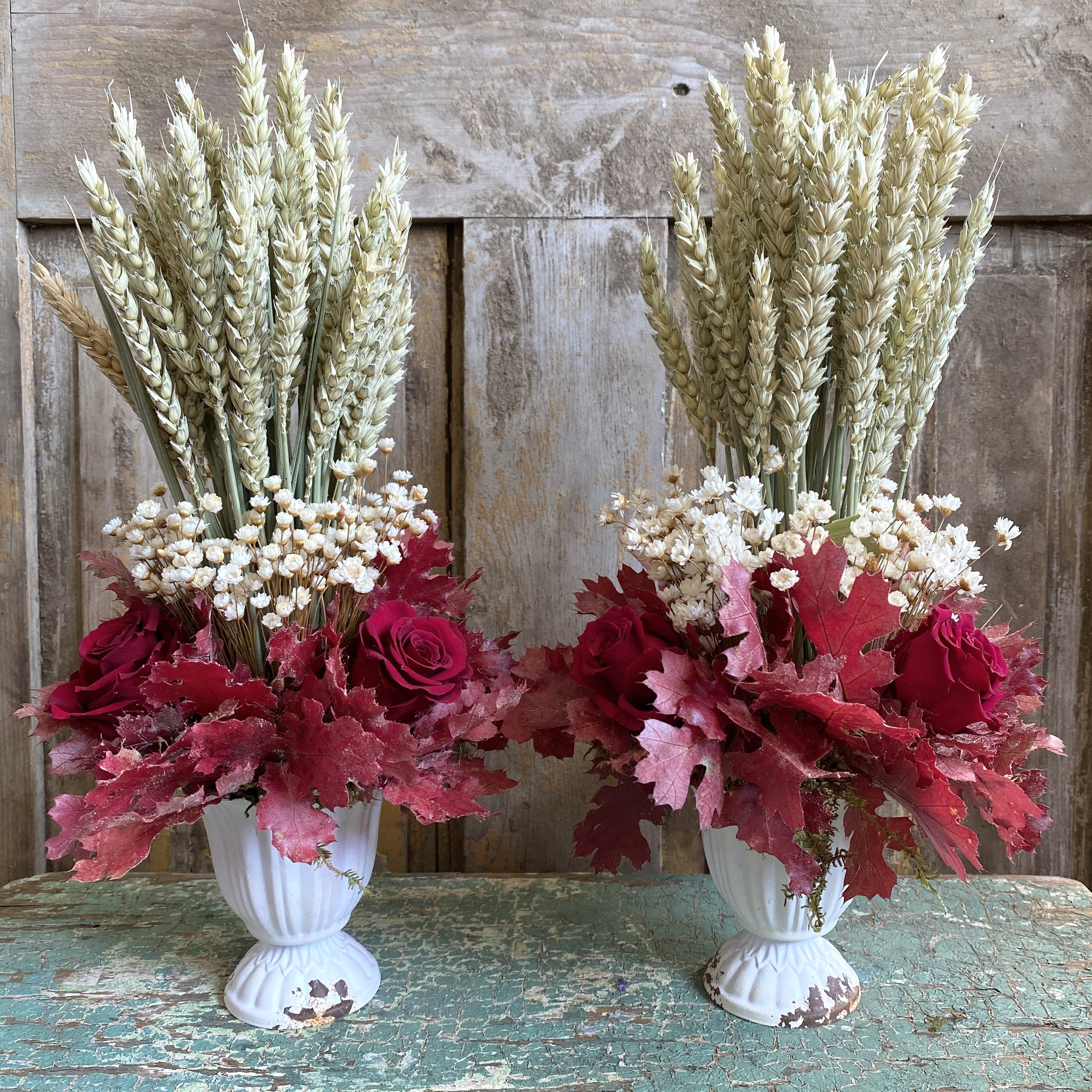 Autumn Dried Flower Arrangements with Oak, Roses, and Wheat