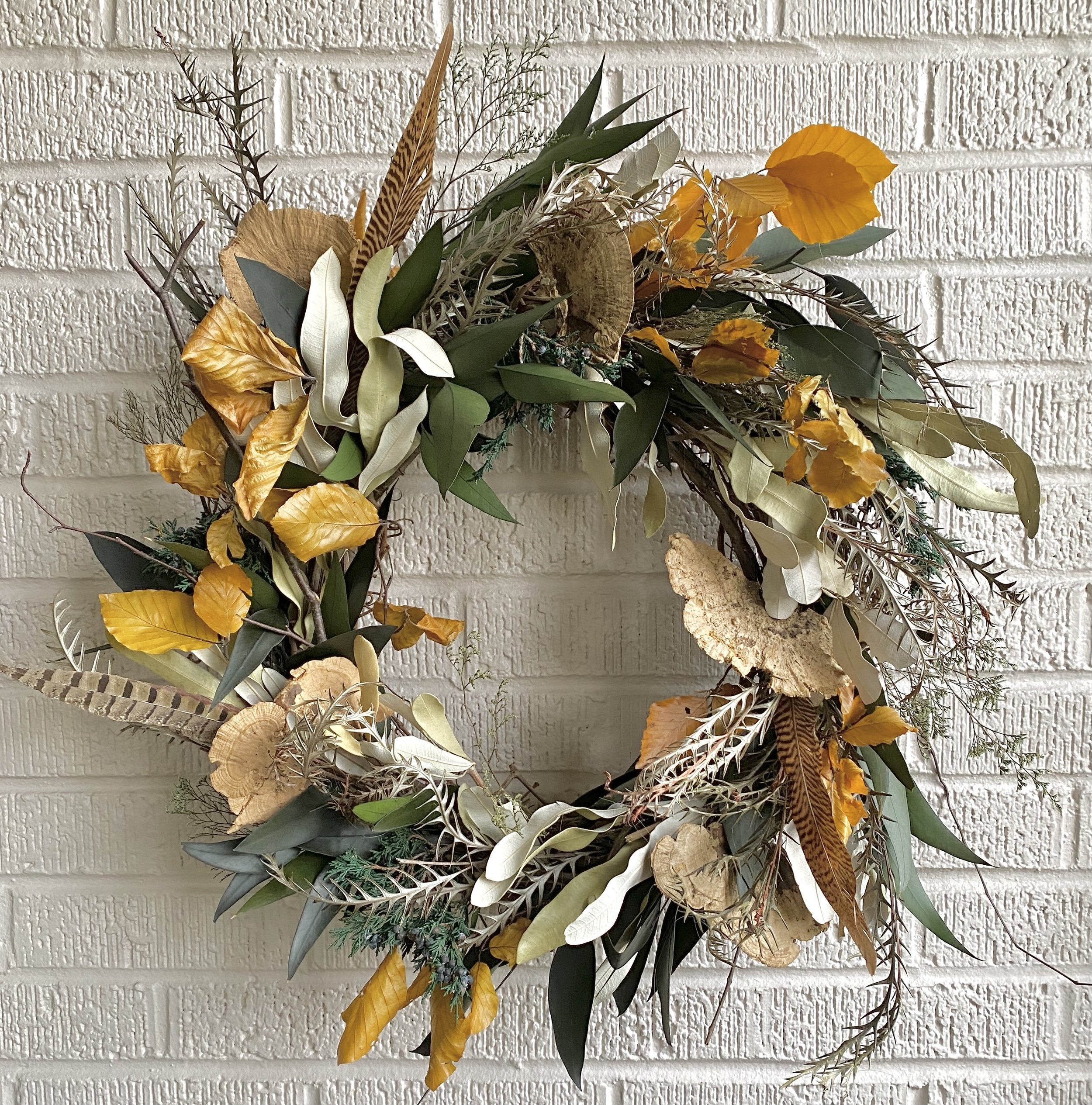 Wild Natural Wreath with Mushrooms, Aspen Leaves and Feathers