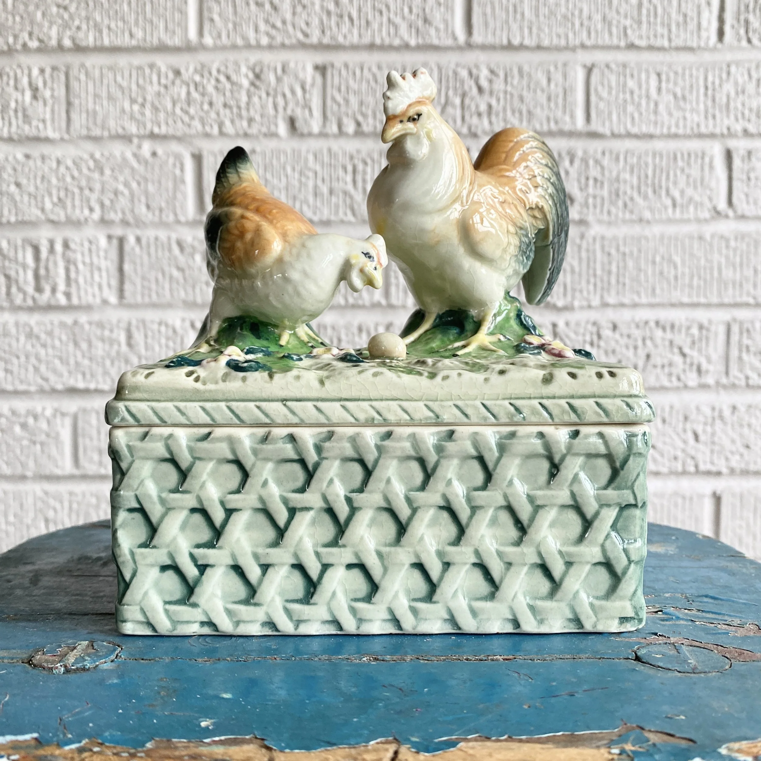 Antique Chicken and Rooster Lidded Dish