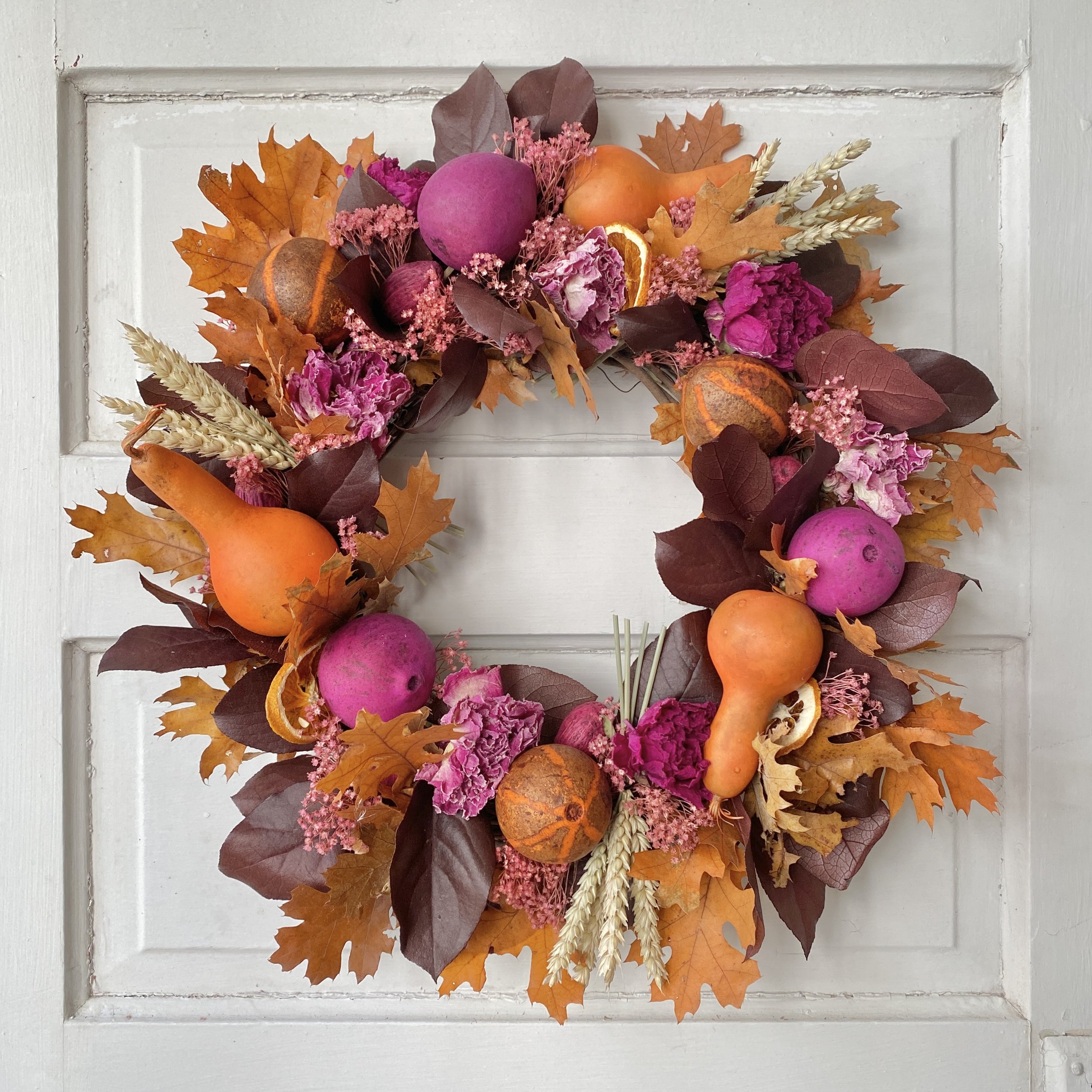 Autumn Wreath with Preserved Oak and Gourds