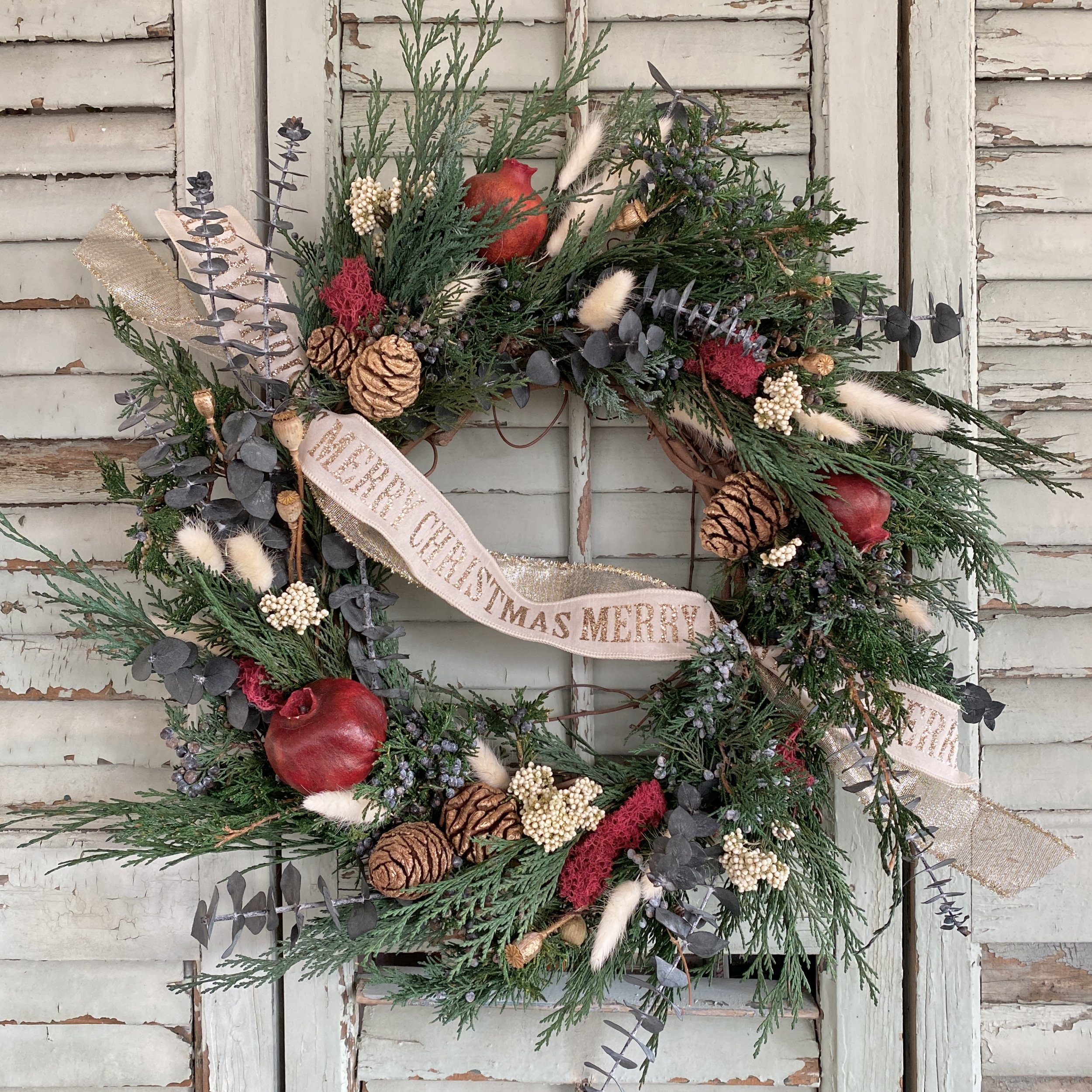 Preserved Juniper and Cedar Christmas Wreath with Ribbon