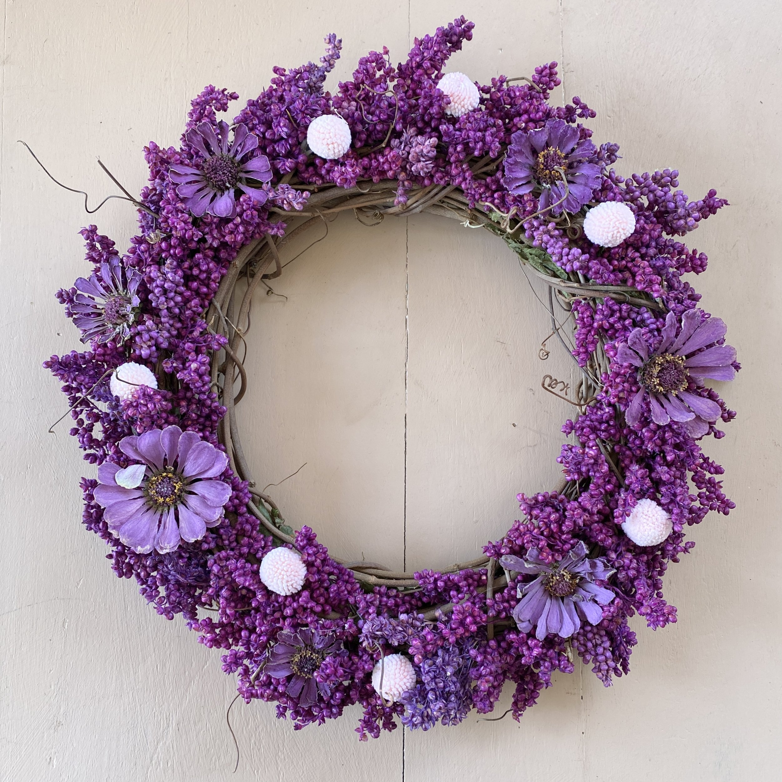 Purple Milo Berry Wreath with Zinnias and Billy Buttons