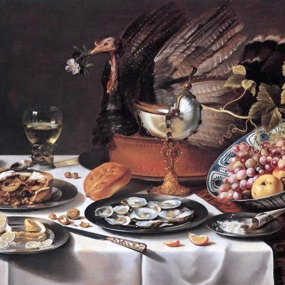 Wishing all a day and evening full of festive abundance 🤎

Still Life with a Peacock Pie by Dutch Baroque painter Pieter Claesz, 1627.
.
.
.
#fruitandflower #flowershop #driedflowers #holidayshop #thanksgiving #abundance #holiday #holidayseason #dut