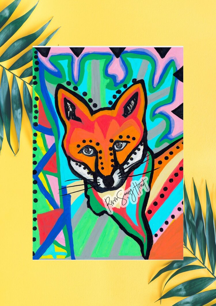 Fox Print, Animal Art Gift, Vibrant, Handmade in Totnes, UK, plastic free, Art Print, Cards, Fun — RiverSongHeart Fox Print, Animal Art Gift, Vibrant, Handmade in Totnes, UK, plastic free, Art Print, Cards, Fun — RiverSongHeart