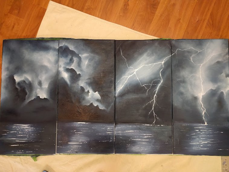 Lightning Storm Over Tampa Bay by Teagan Corrigan, 2017
Oil on Four Canvases 12" x 24" x .75"