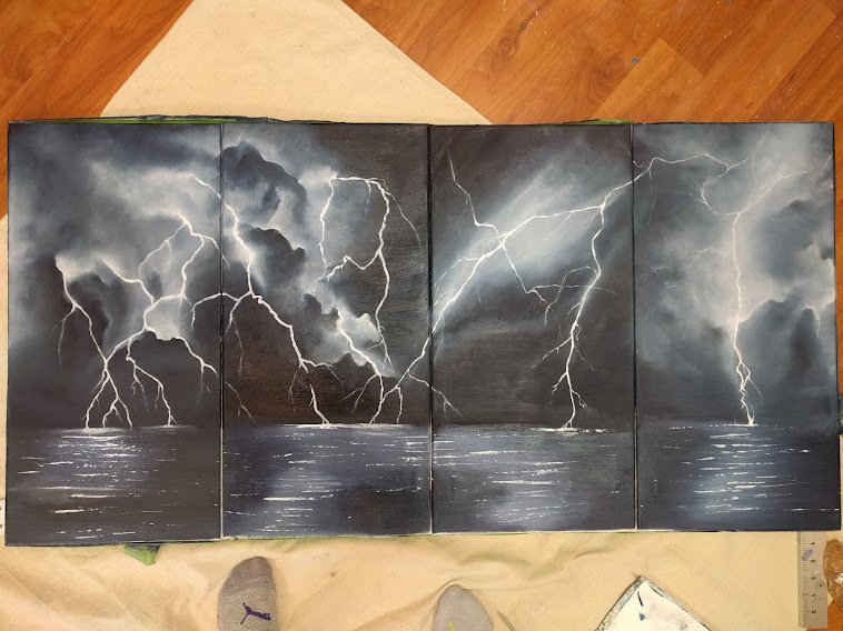 Lightning Storm Over Tampa Bay by Teagan Corrigan, 2017
Oil on Four Canvases 12" x 24" x .75"