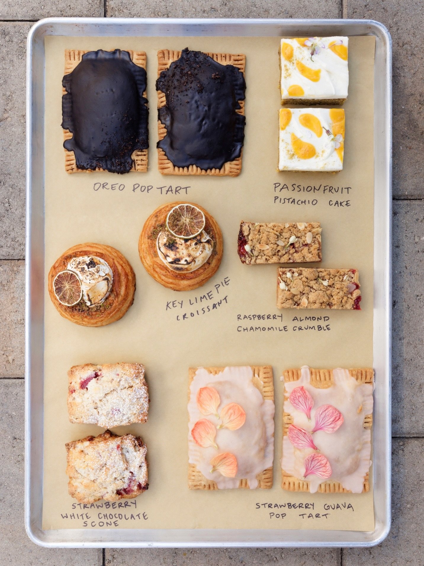 summer pastry offerings 🍓🍋&zwj;🟩🍥

strawberry white chocolate scone 
oreo pop tart [vg]
strawberry pop tart [vg]
raspberry almond chamomile crumble [gf]
passion fruit pistachio cake [gf]
key lime pie croissant 

we&rsquo;re fully inspired by this